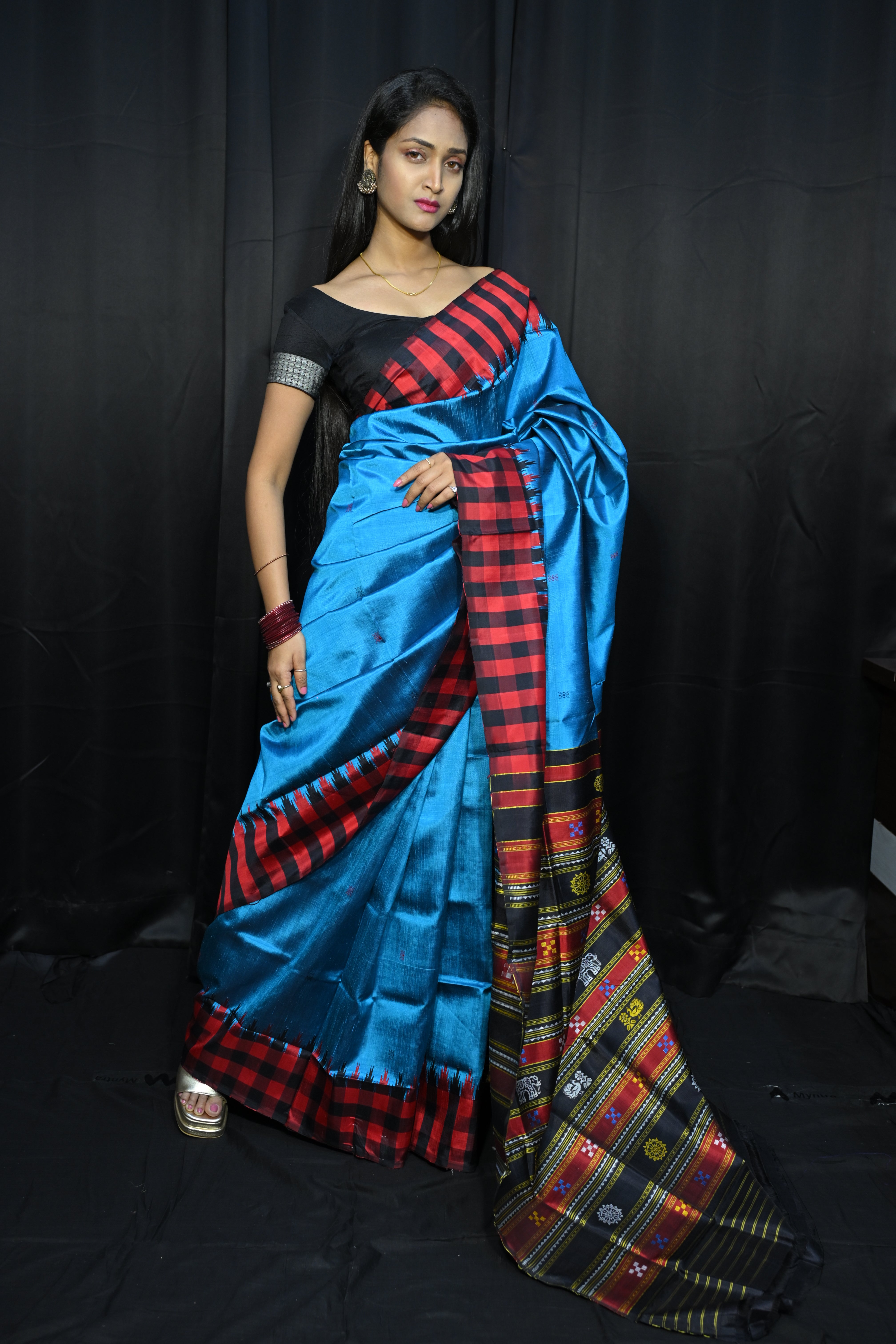 Copper Sulphate Red Multi Colour Double Anchal Berhampuri Silk Saree