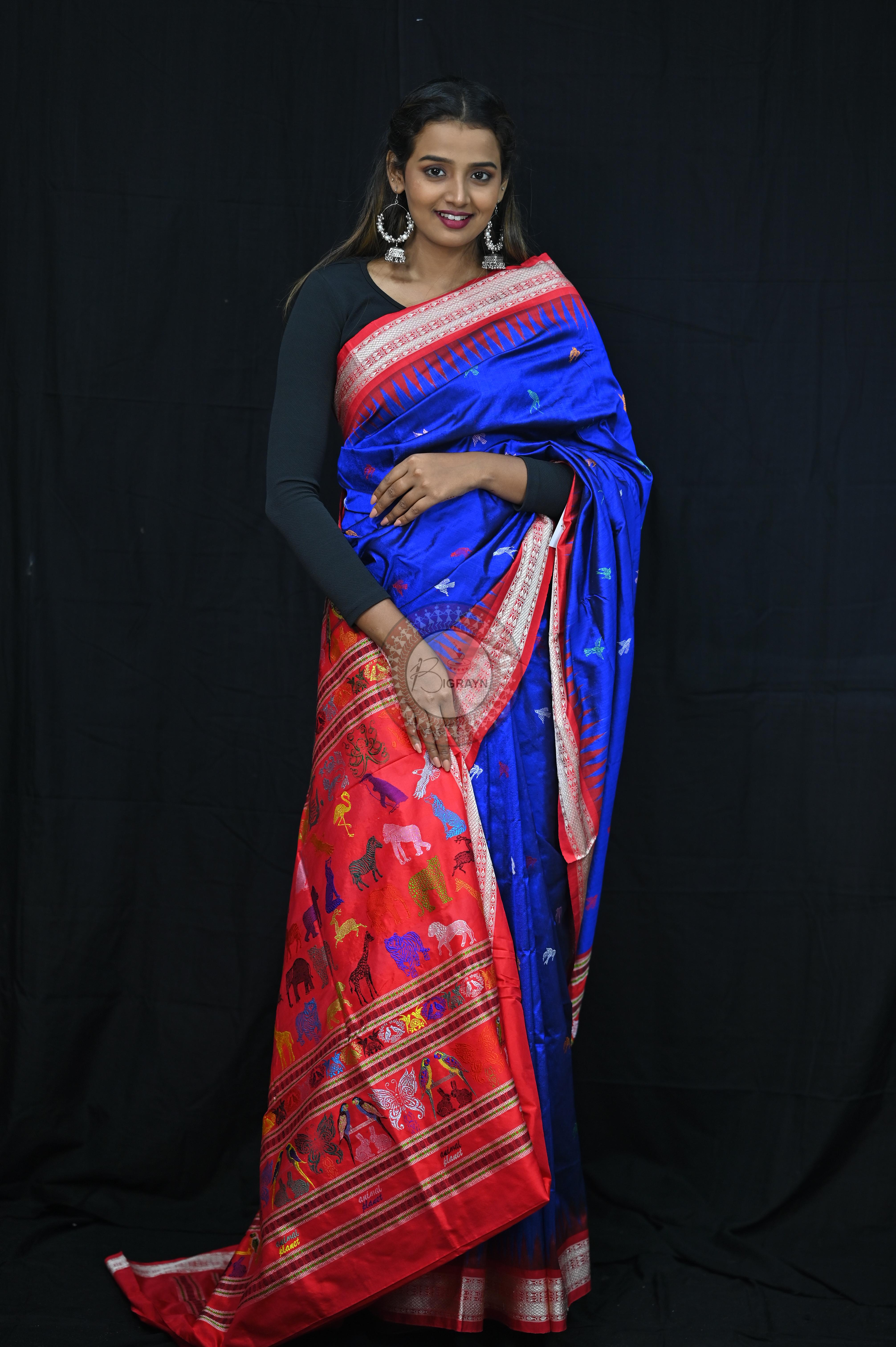 Blue Red Animal Planet Bomkai Silk Saree