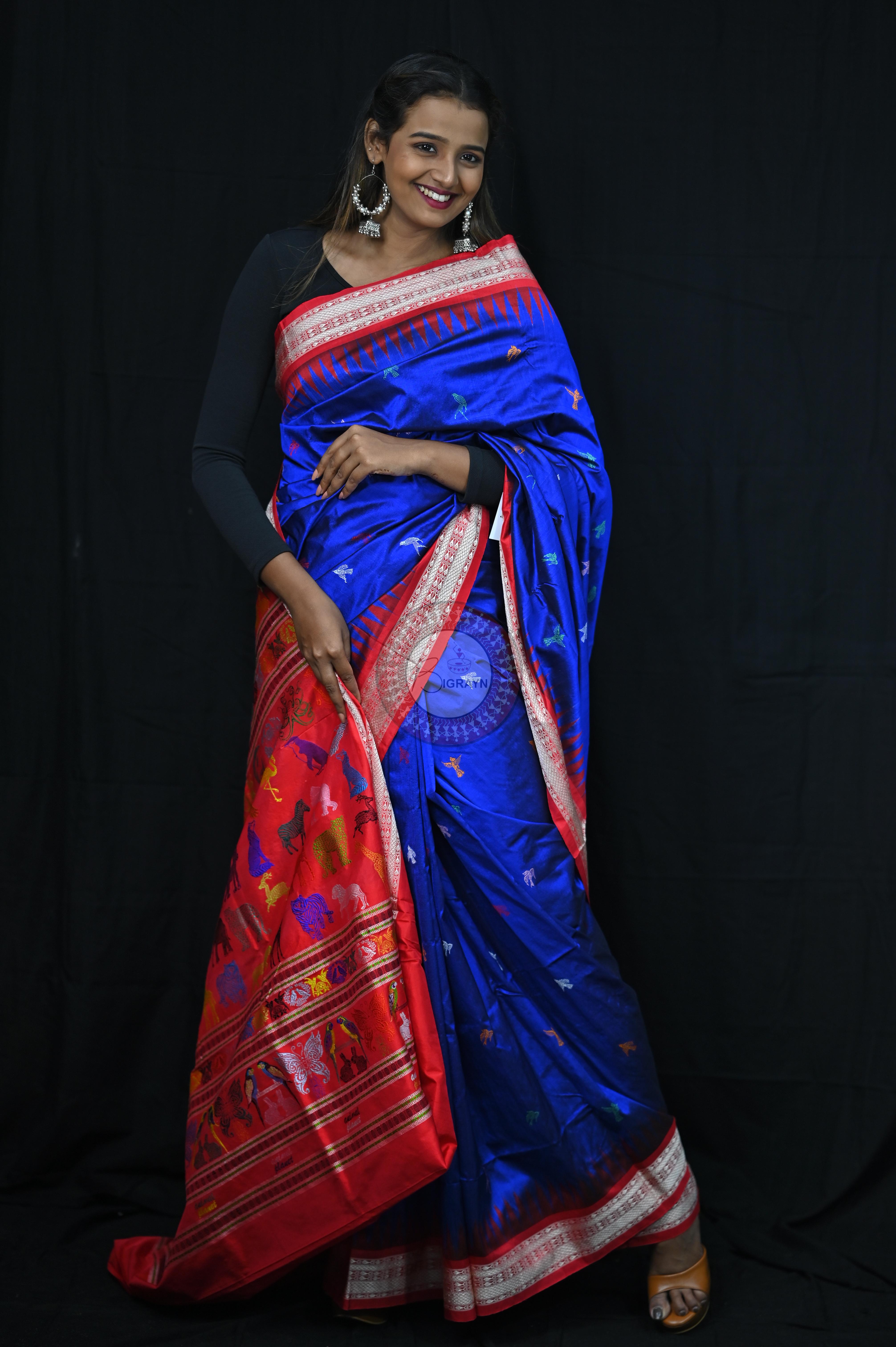 Blue Red Animal Planet Bomkai Silk Saree