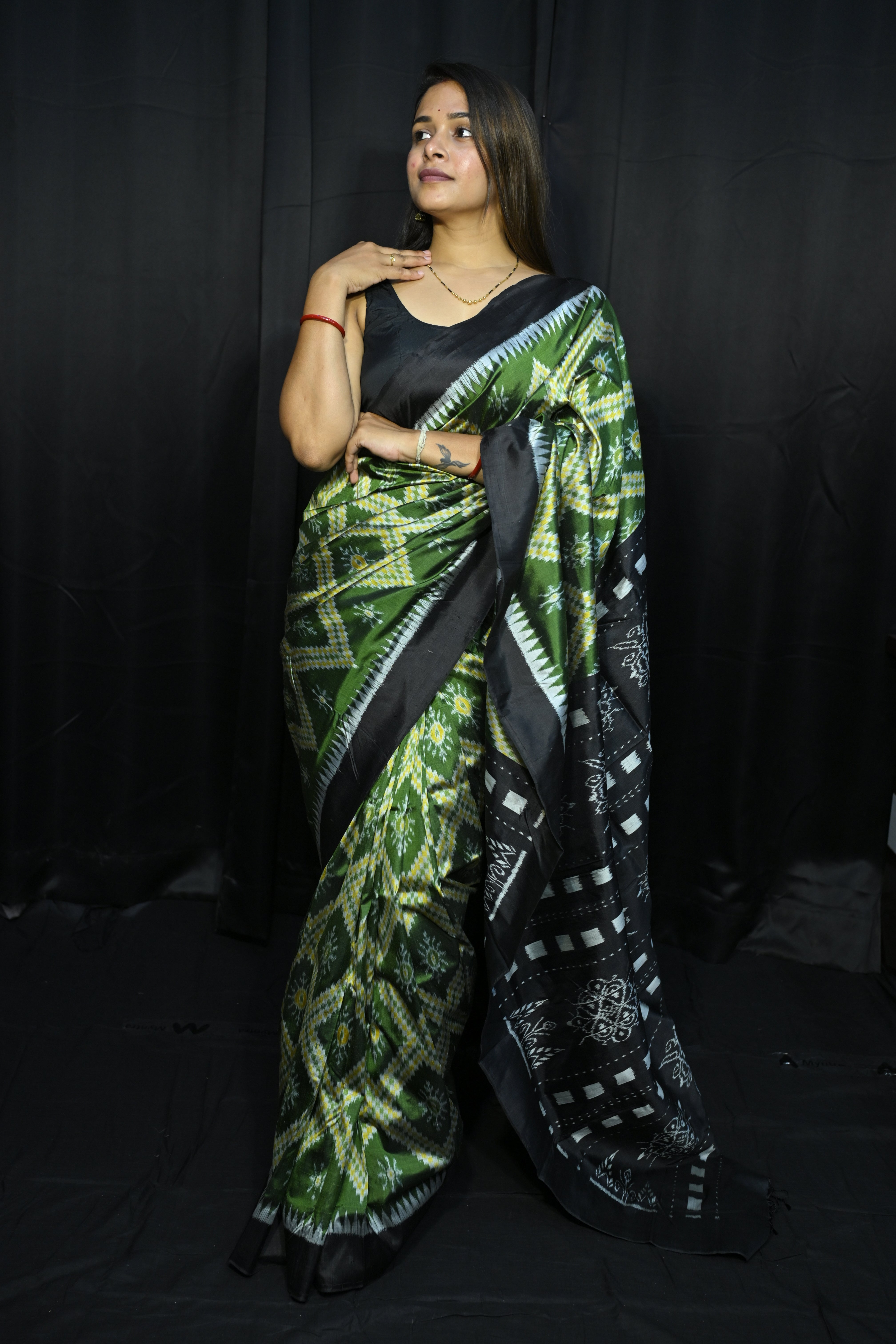 Mehendi Green Black Tarabali Design Mulberry Silk Saree