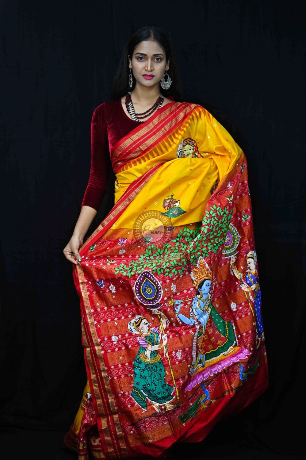 Yellow Red Radha Krishna Theme Pattachitra Silk Saree