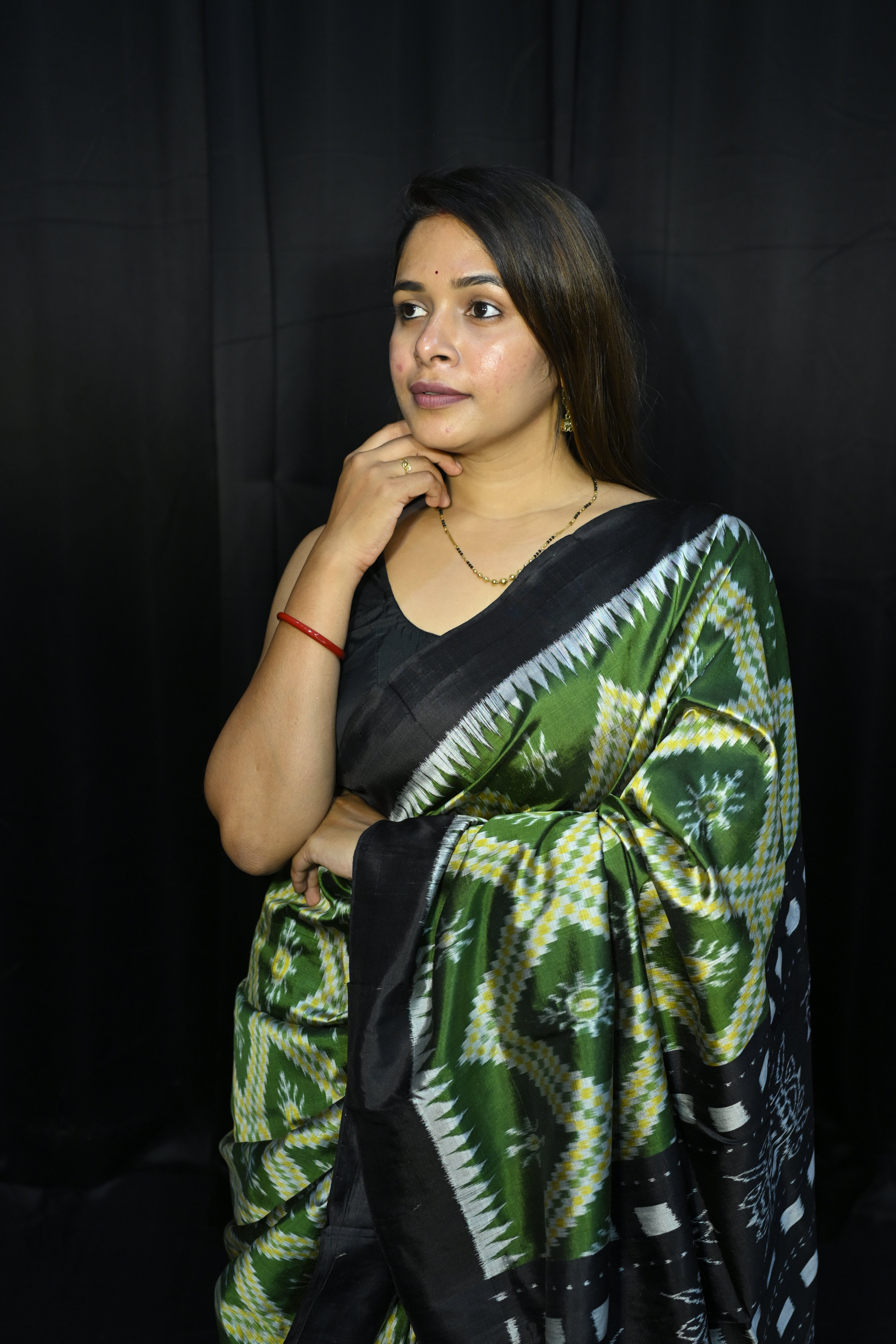 Mehendi Green Black Tarabali Design Mulberry Silk Saree