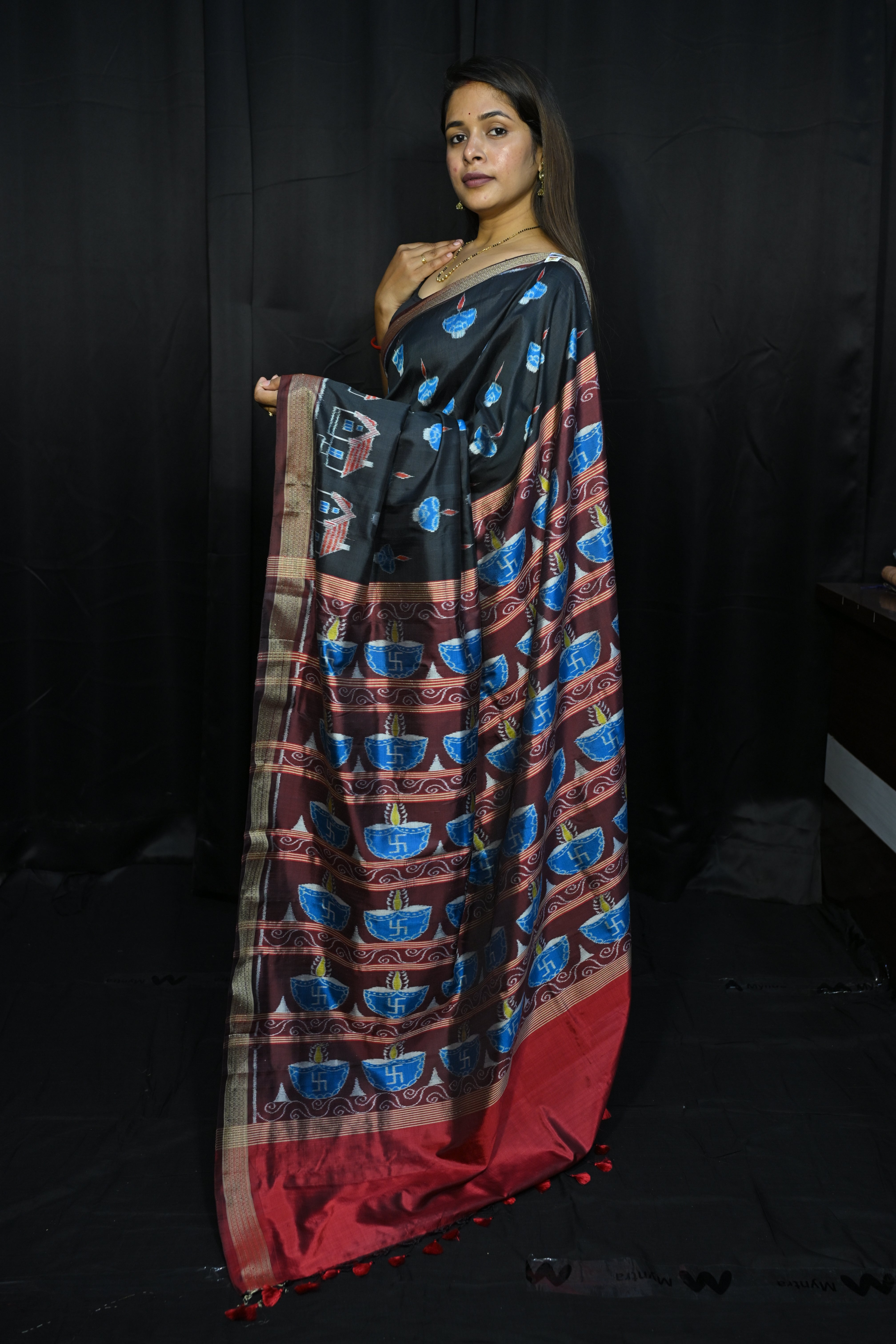 Black Maroon Diwali Design Mulberry Silk Saree
