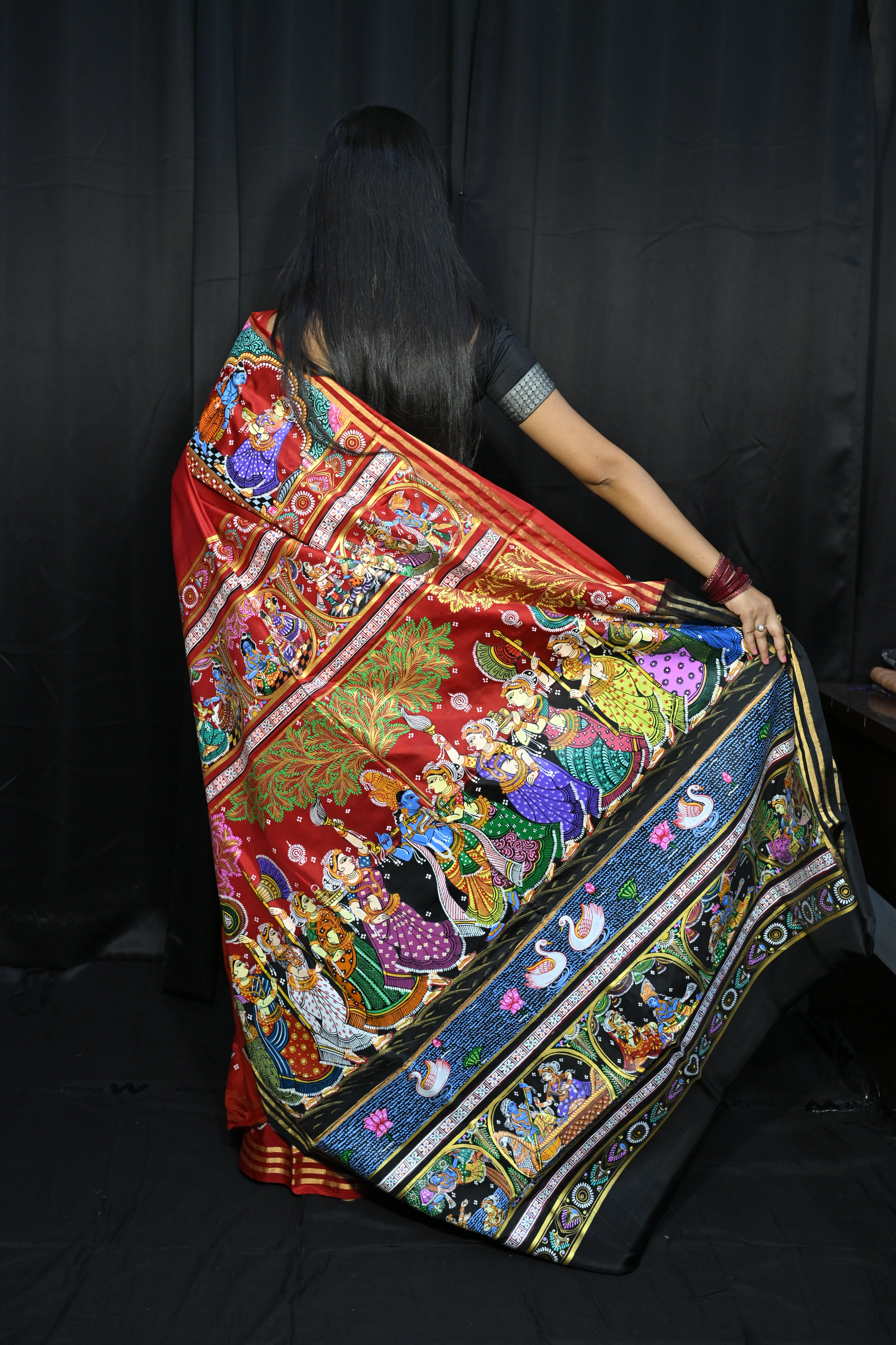 Red Black Radha Krishna Rasa Theme Pattachitra Kanjeeveram Silk Saree
