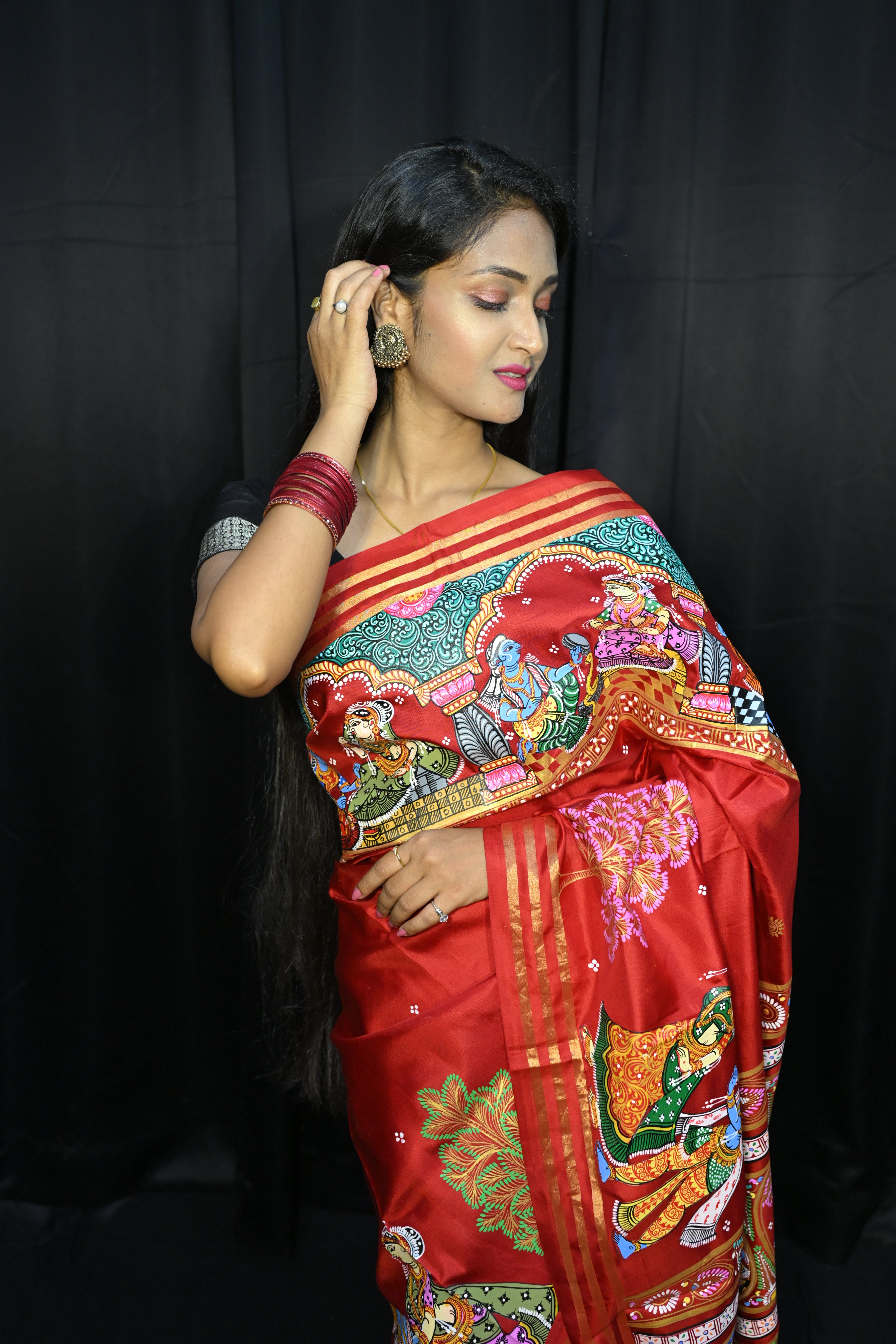 Red Black Radha Krishna Rasa Theme Pattachitra Kanjeeveram Silk Saree