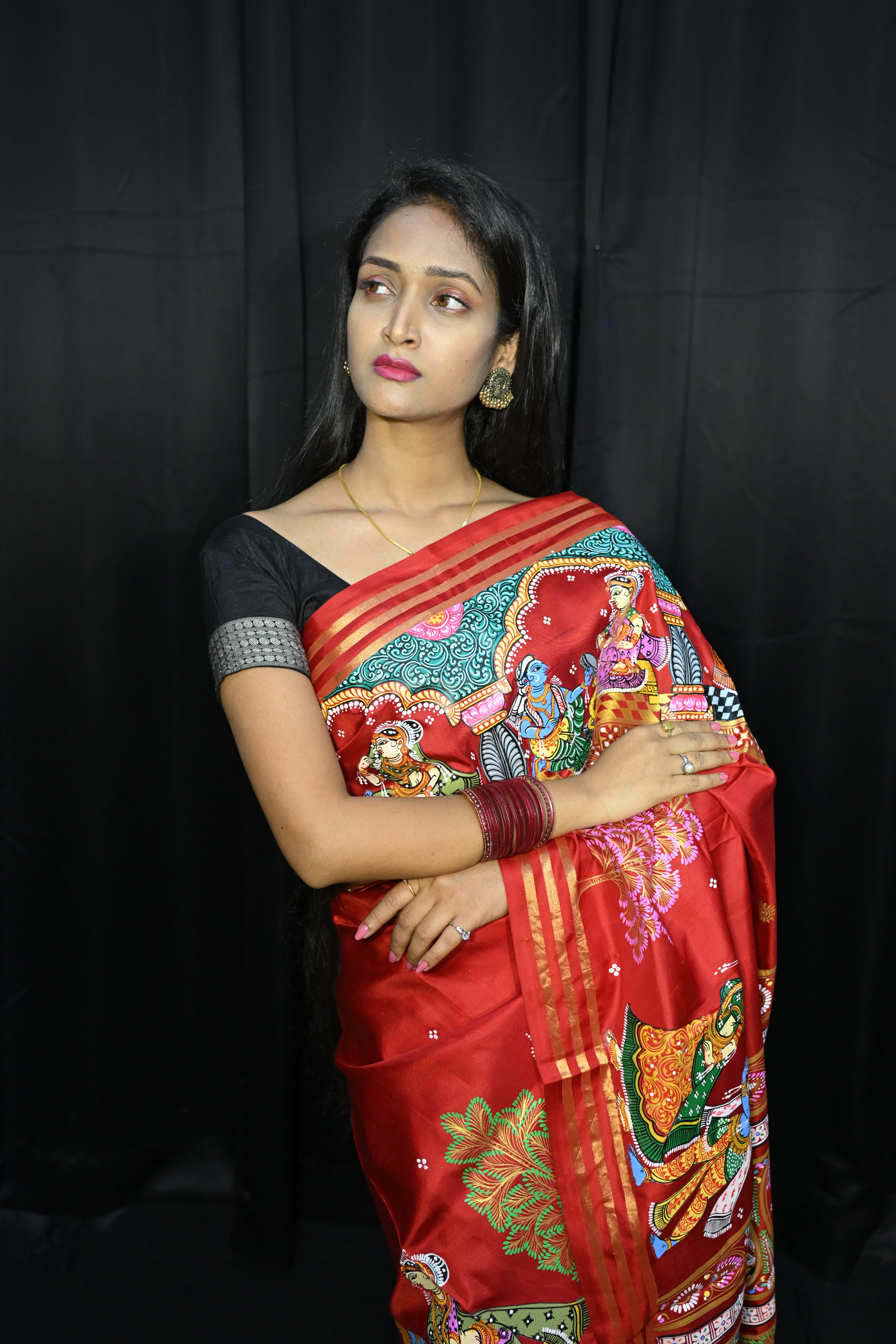 Red Black Radha Krishna Rasa Theme Pattachitra Kanjeeveram Silk Saree