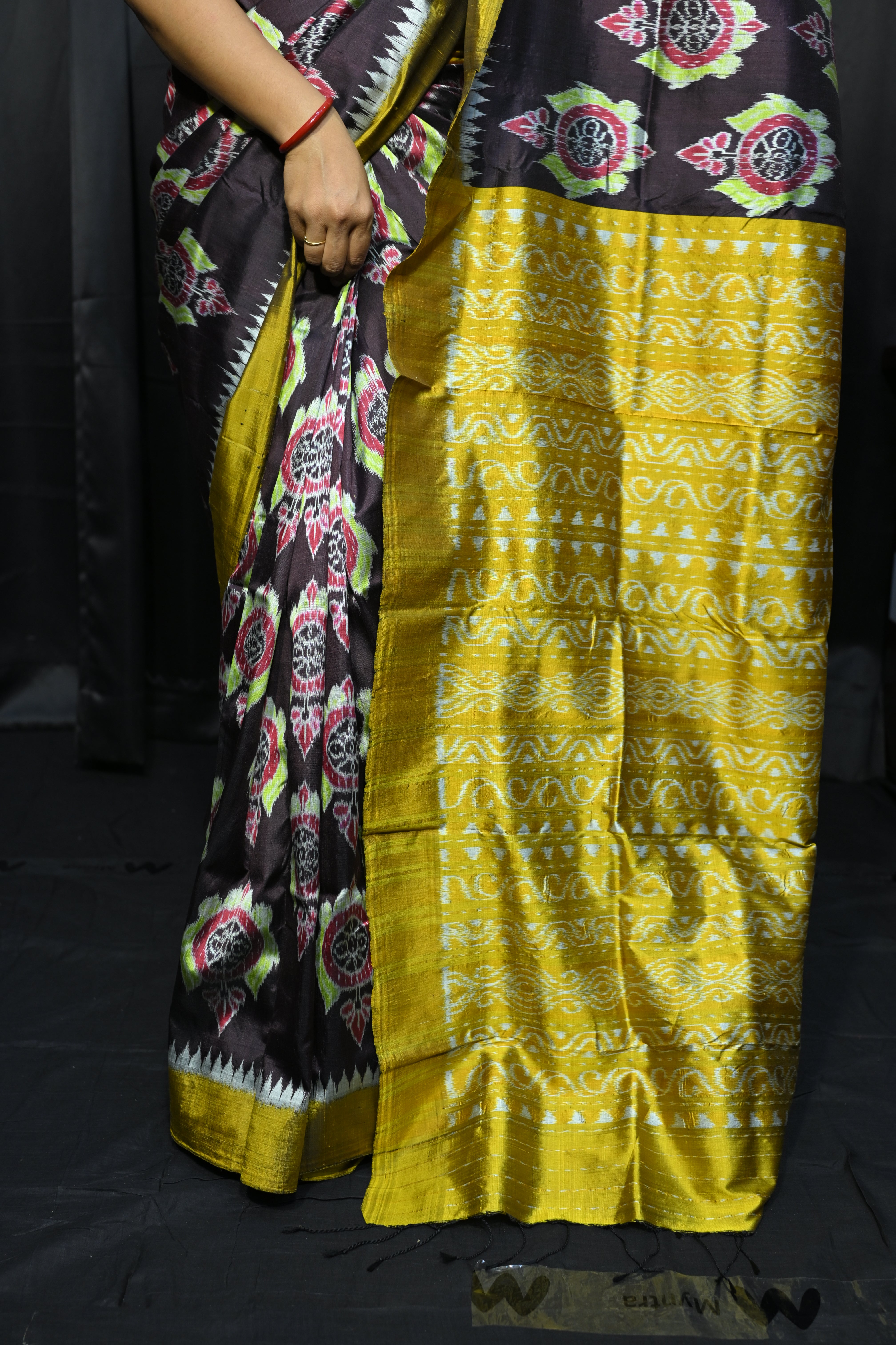 Coffee Mustard Yellow Neelachakra Design Mulberry Silk Saree