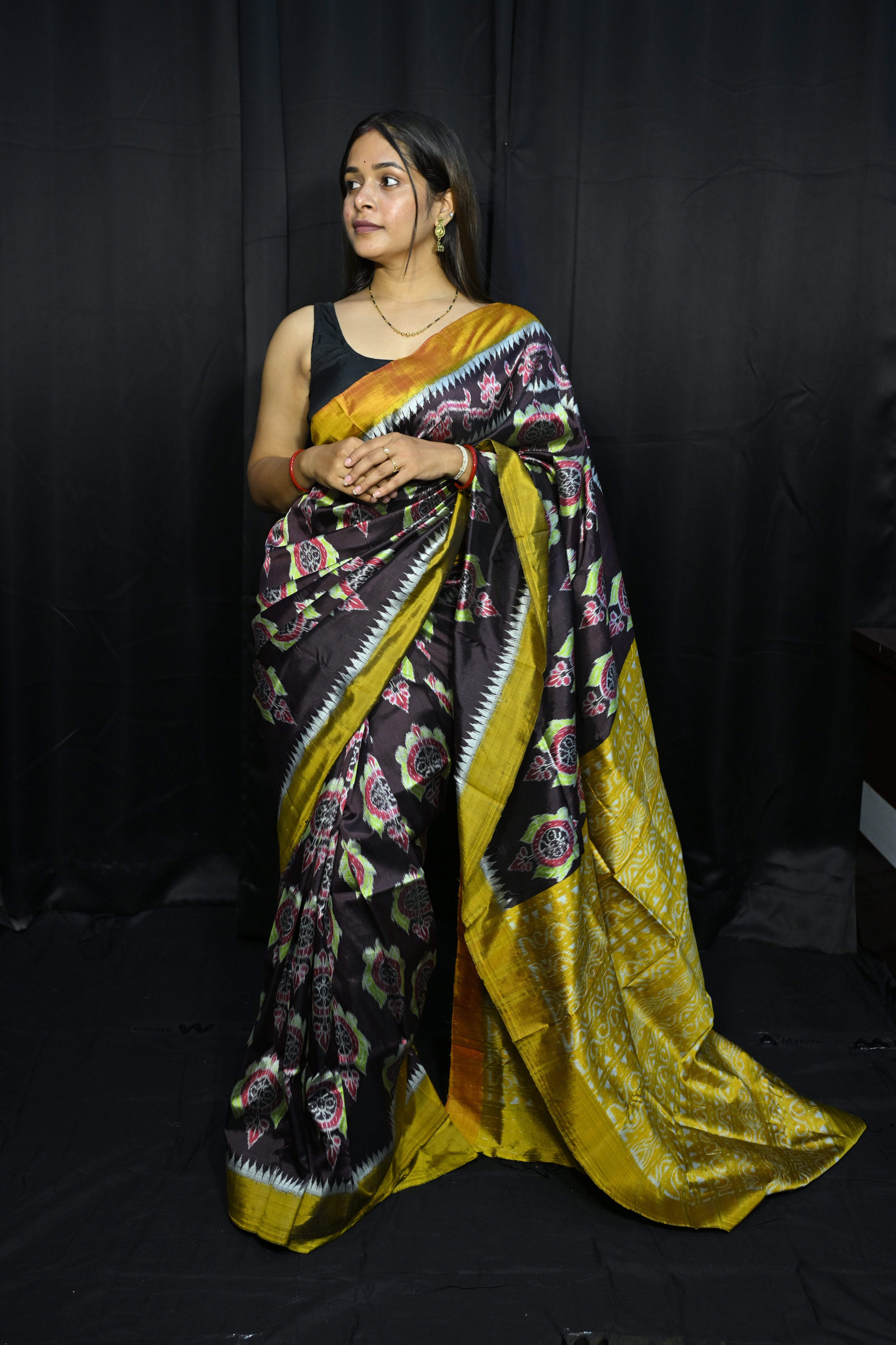 Coffee Mustard Yellow Neelachakra Design Mulberry Silk Saree