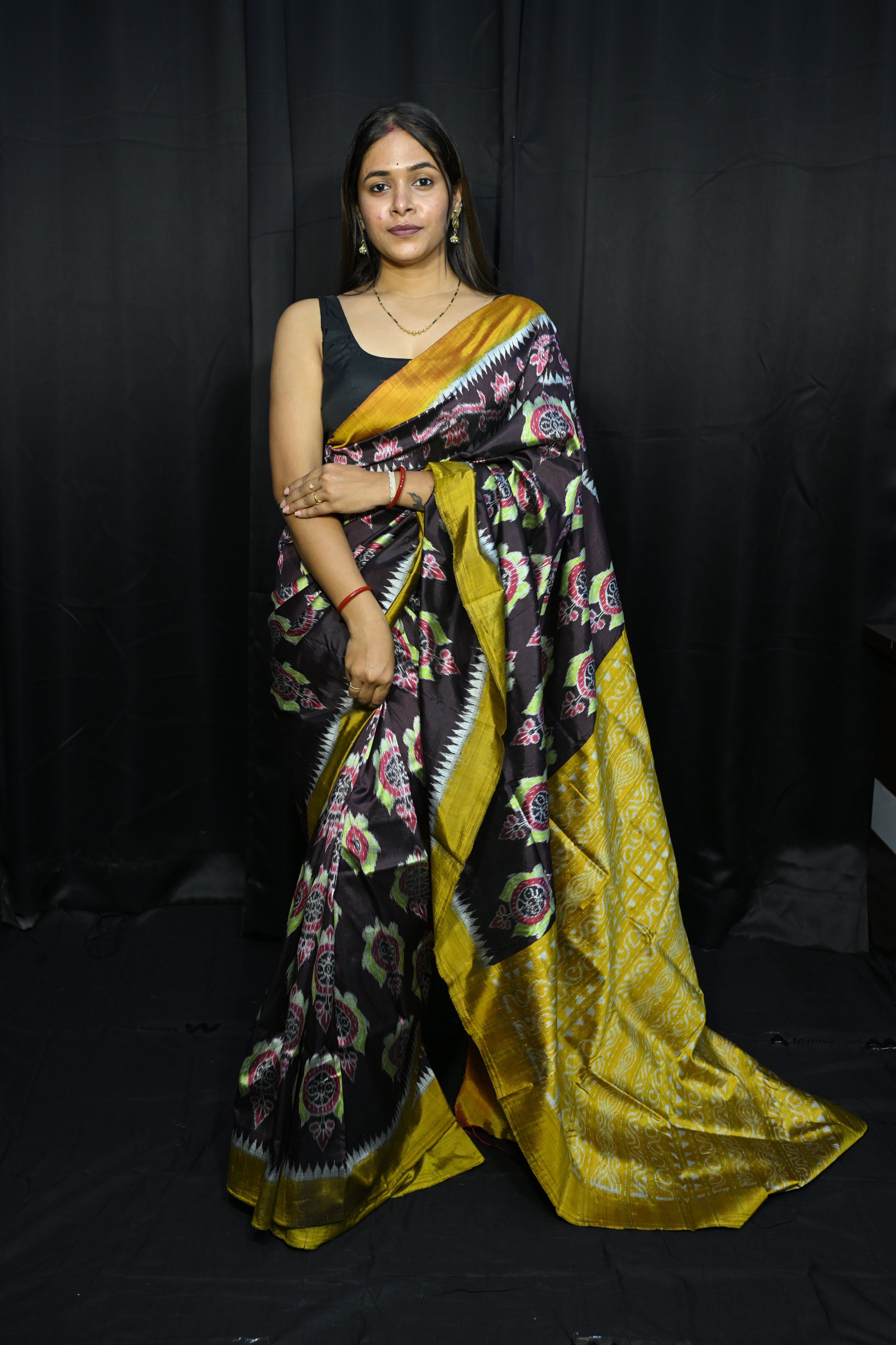 Coffee Mustard Yellow Neelachakra Design Mulberry Silk Saree