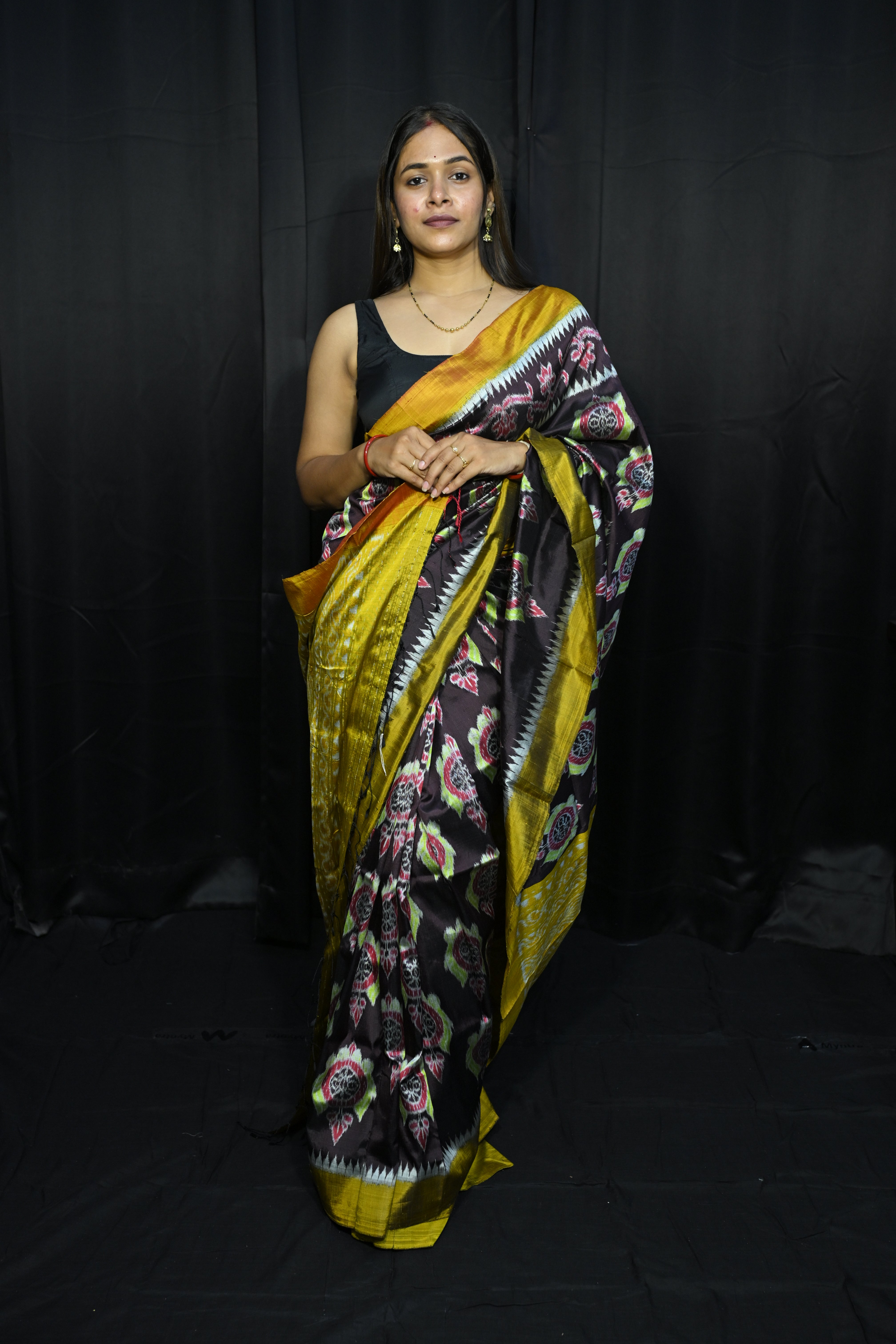 Coffee Mustard Yellow Neelachakra Design Mulberry Silk Saree