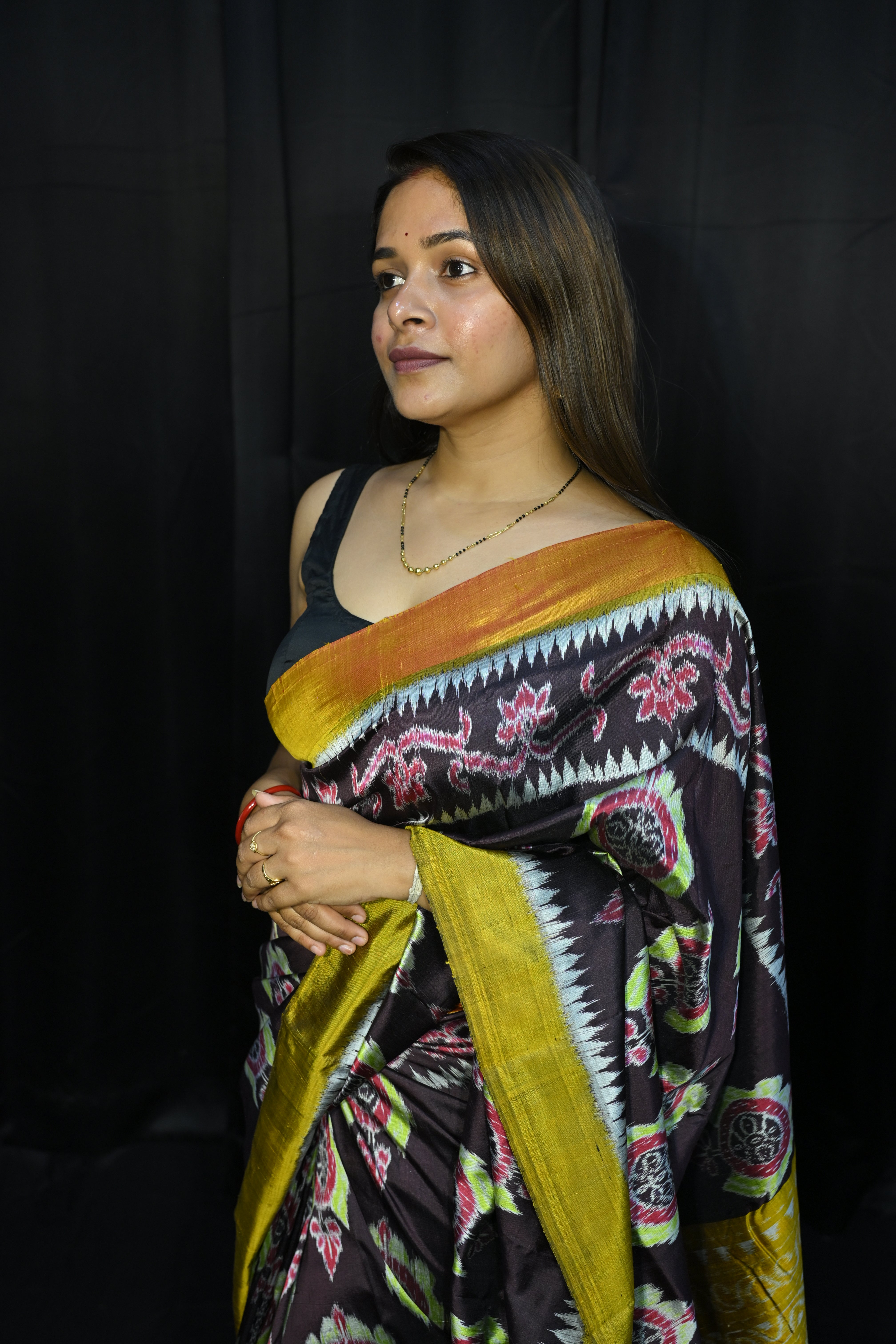 Coffee Mustard Yellow Neelachakra Design Mulberry Silk Saree