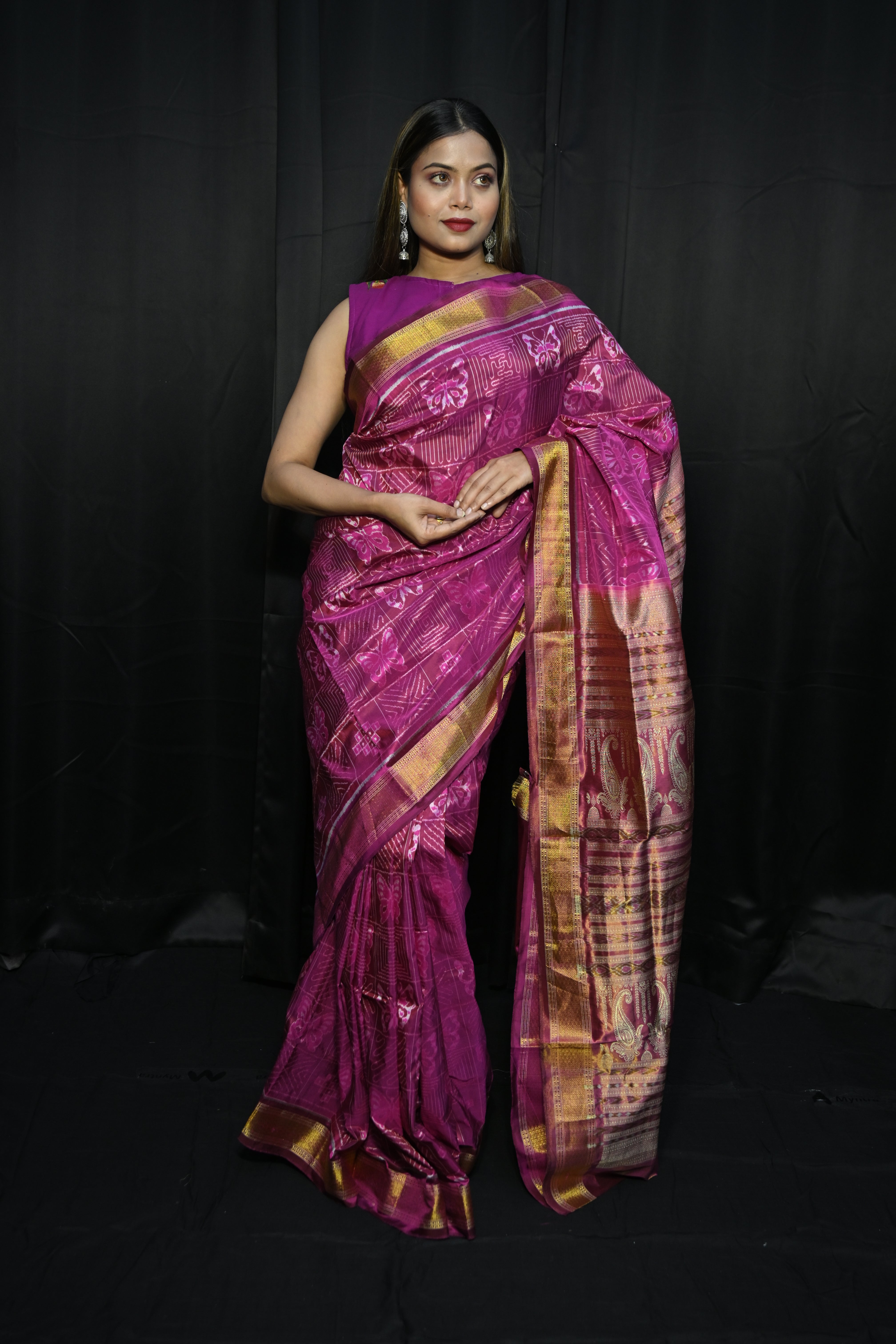 Pink Golden Butterfly Half Tissue Silk Saree