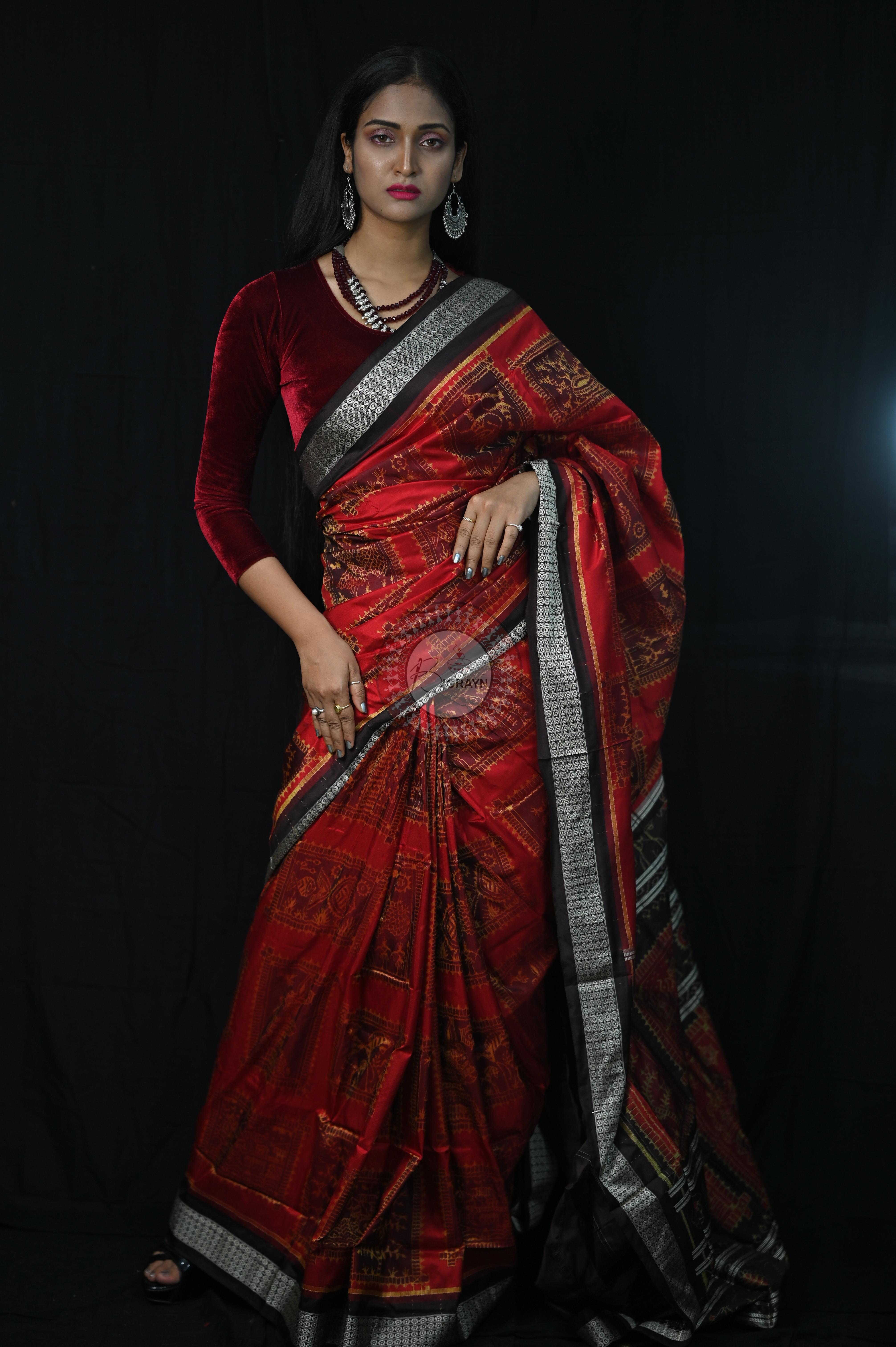 Red Black Exclusive Teracotta Design Sambalpuri Silk Saree