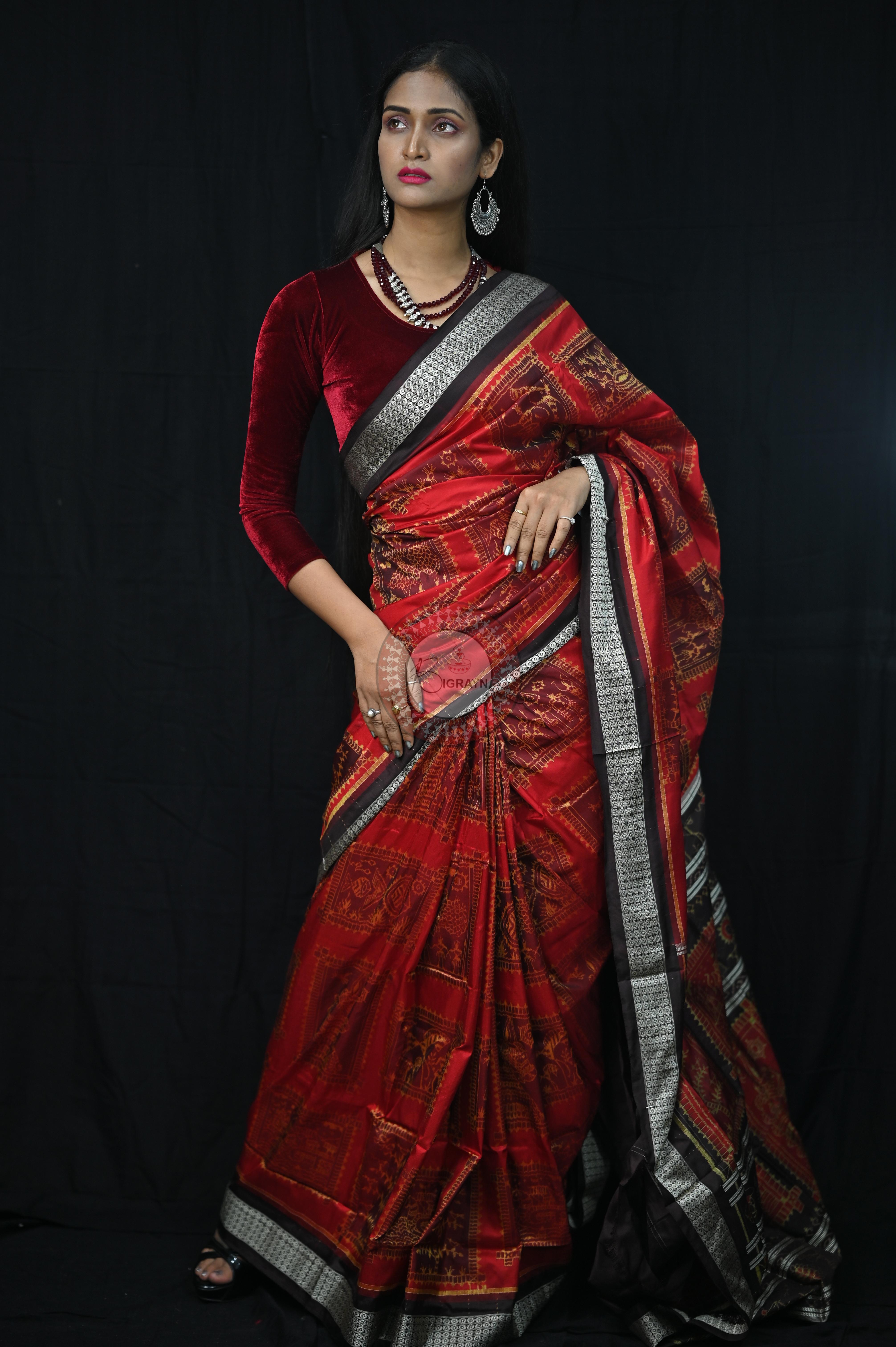Red Black Exclusive Teracotta Design Sambalpuri Silk Saree
