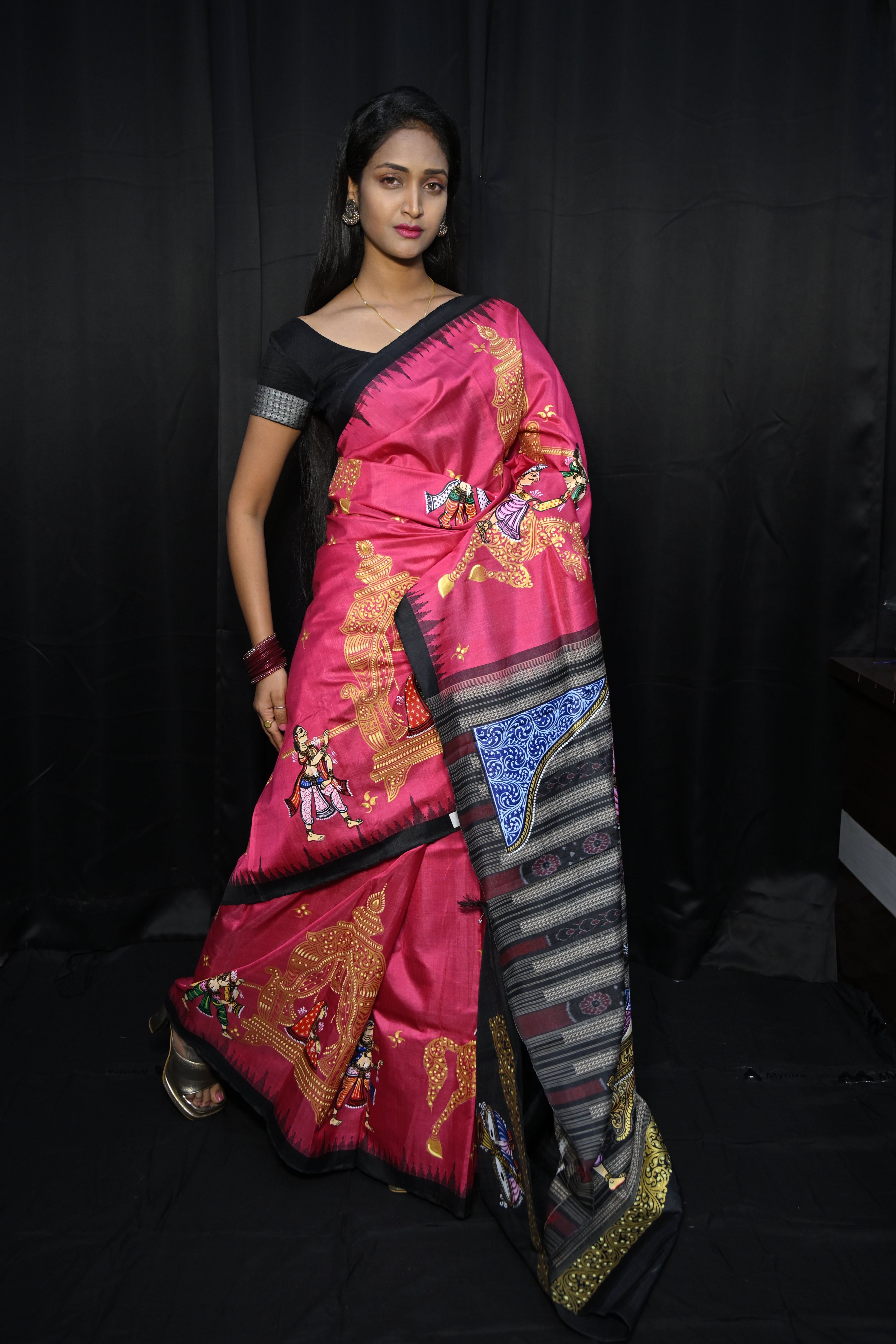 Pink Black Marriage Theme Pattachitra Tussar Silk Saree