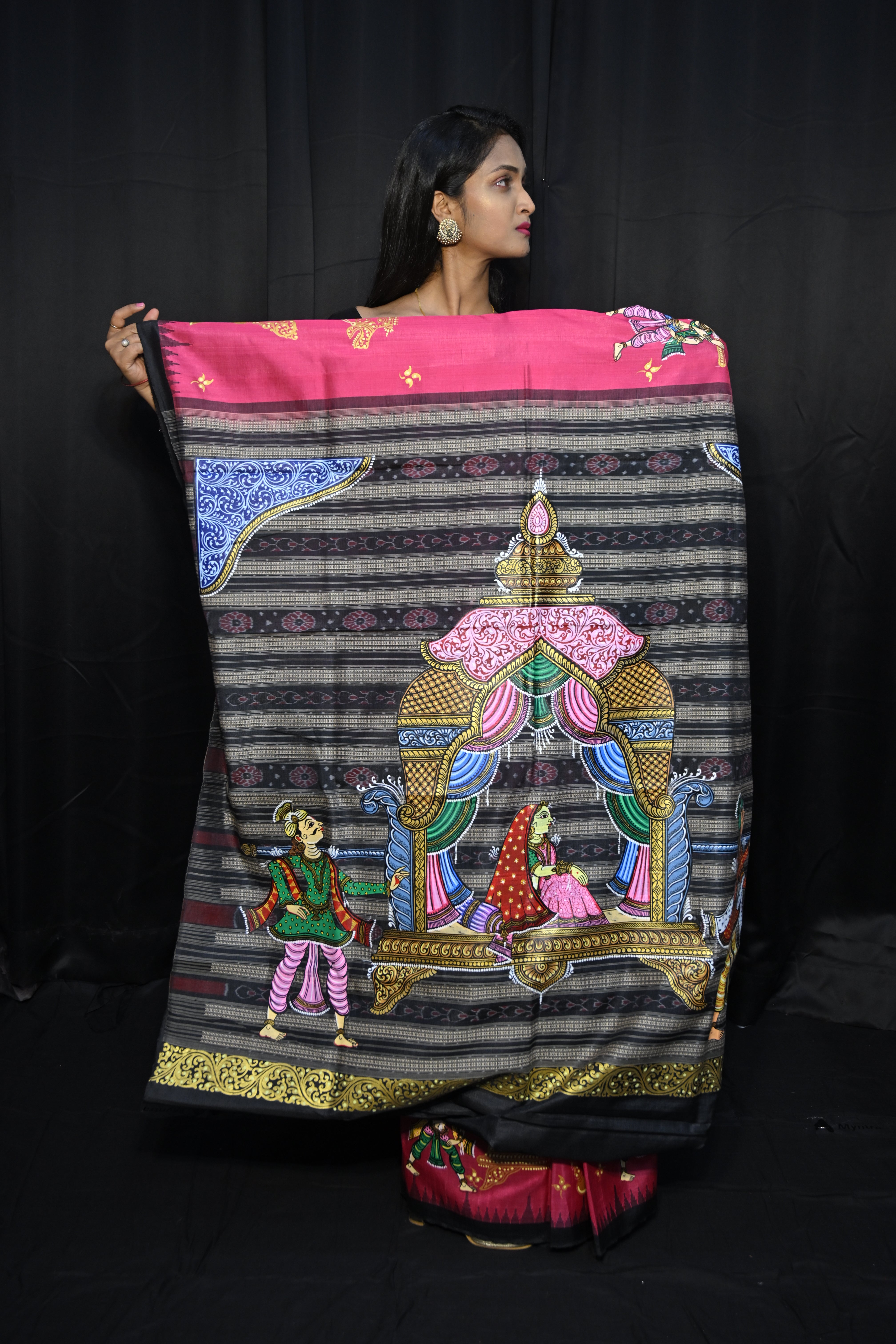 Pink Black Marriage Theme Pattachitra Tussar Silk Saree