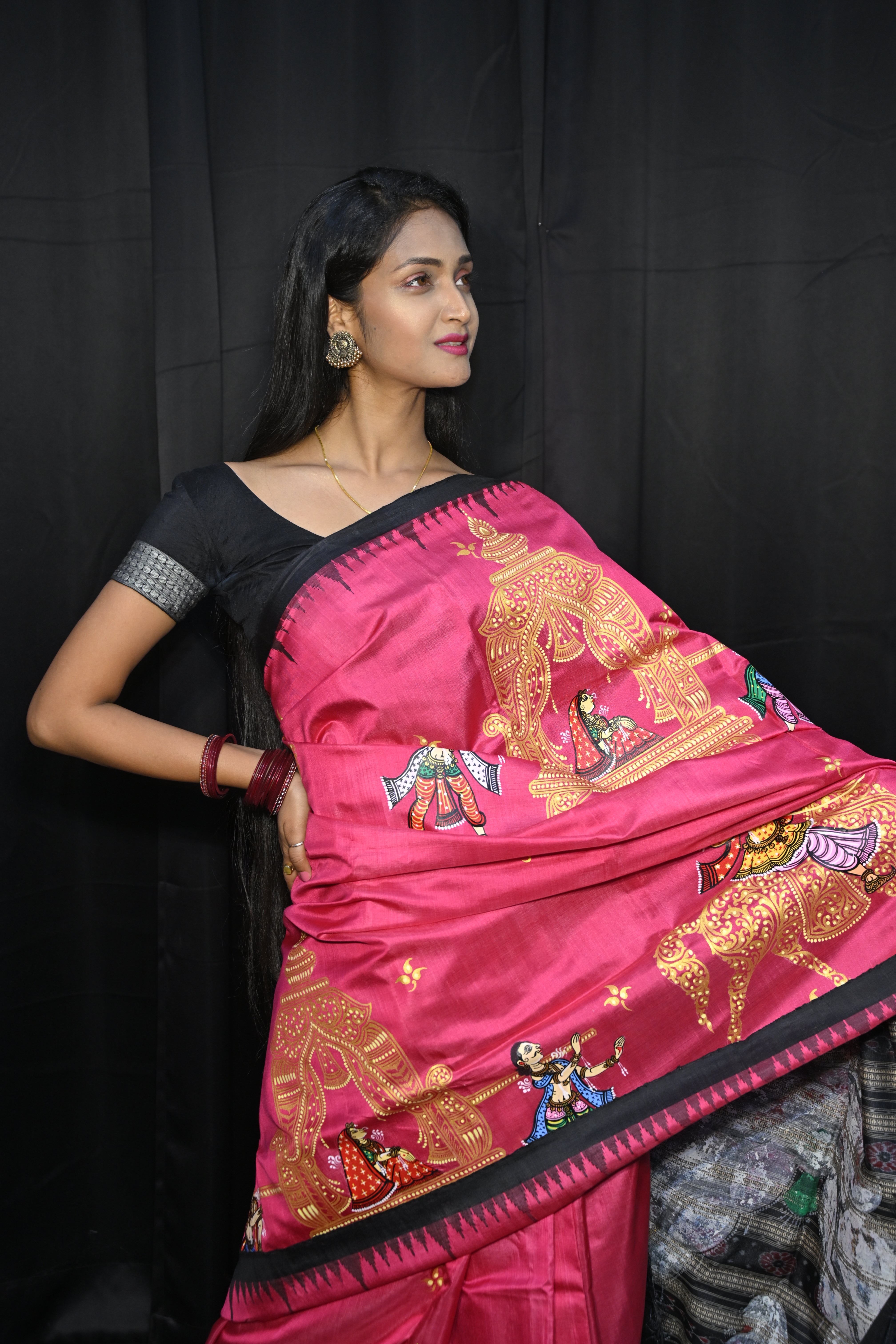 Pink Black Marriage Theme Pattachitra Tussar Silk Saree