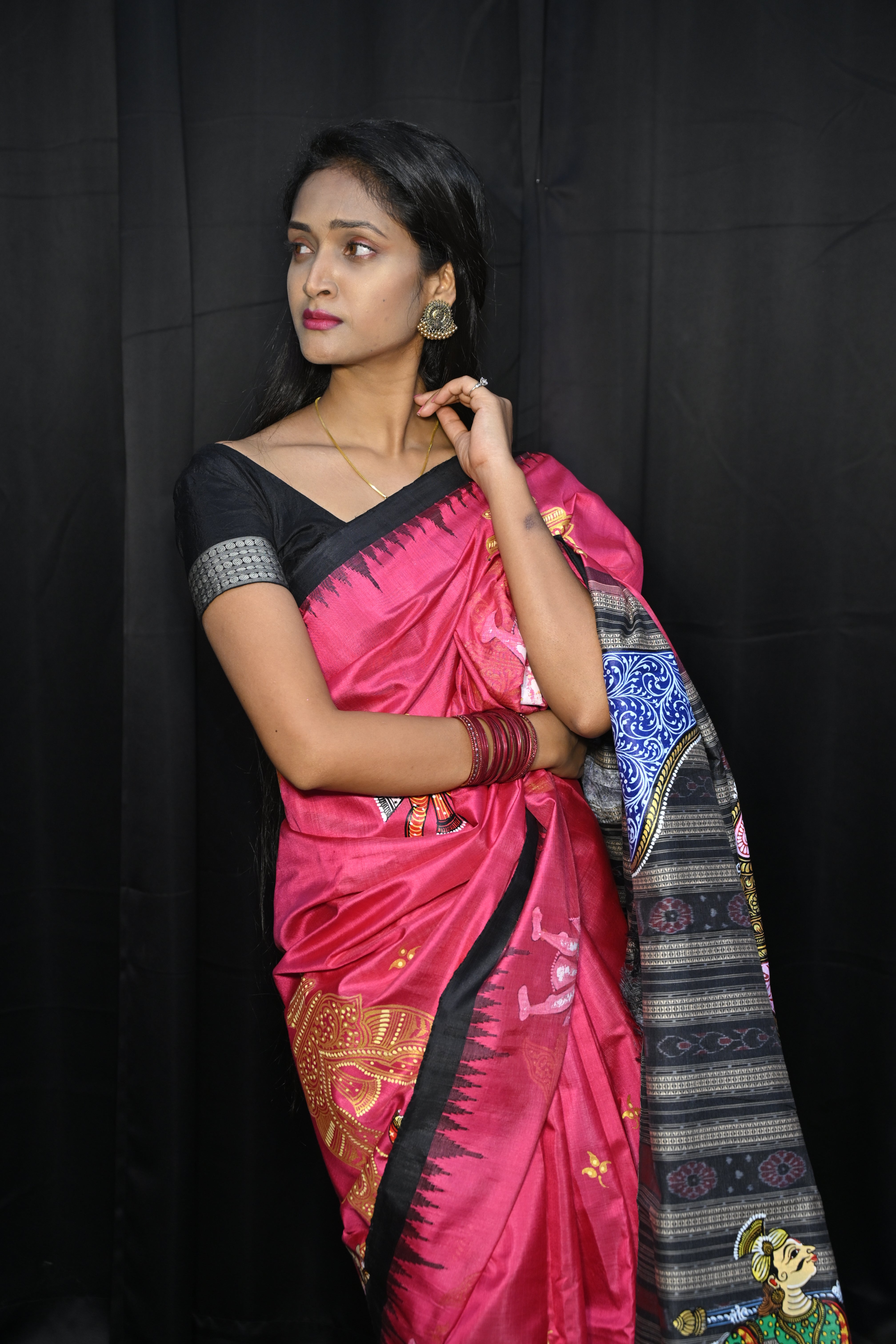 Pink Black Marriage Theme Pattachitra Tussar Silk Saree