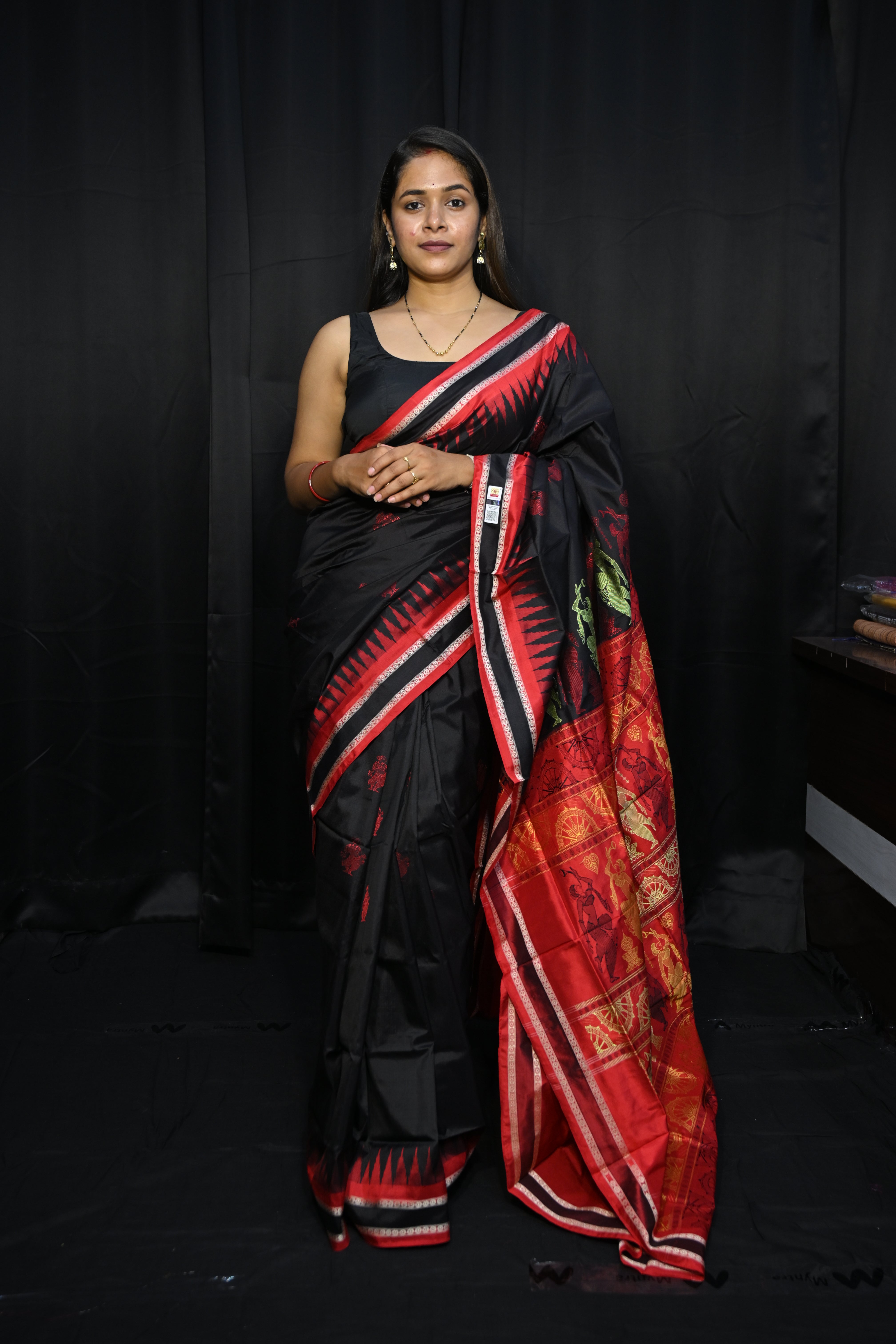 Black Red Natraj Exclusive Bomkai Silk Saree