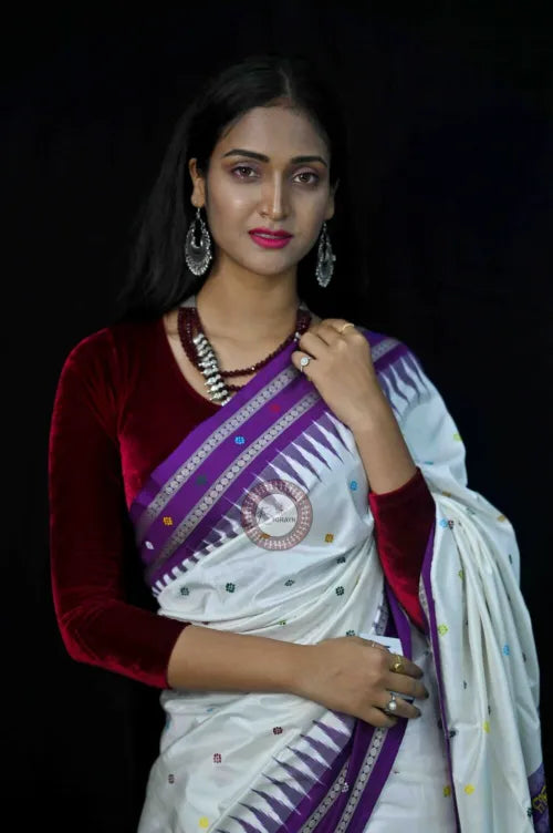 White Purple Neela Chakra Sambalpuri Silk Saree