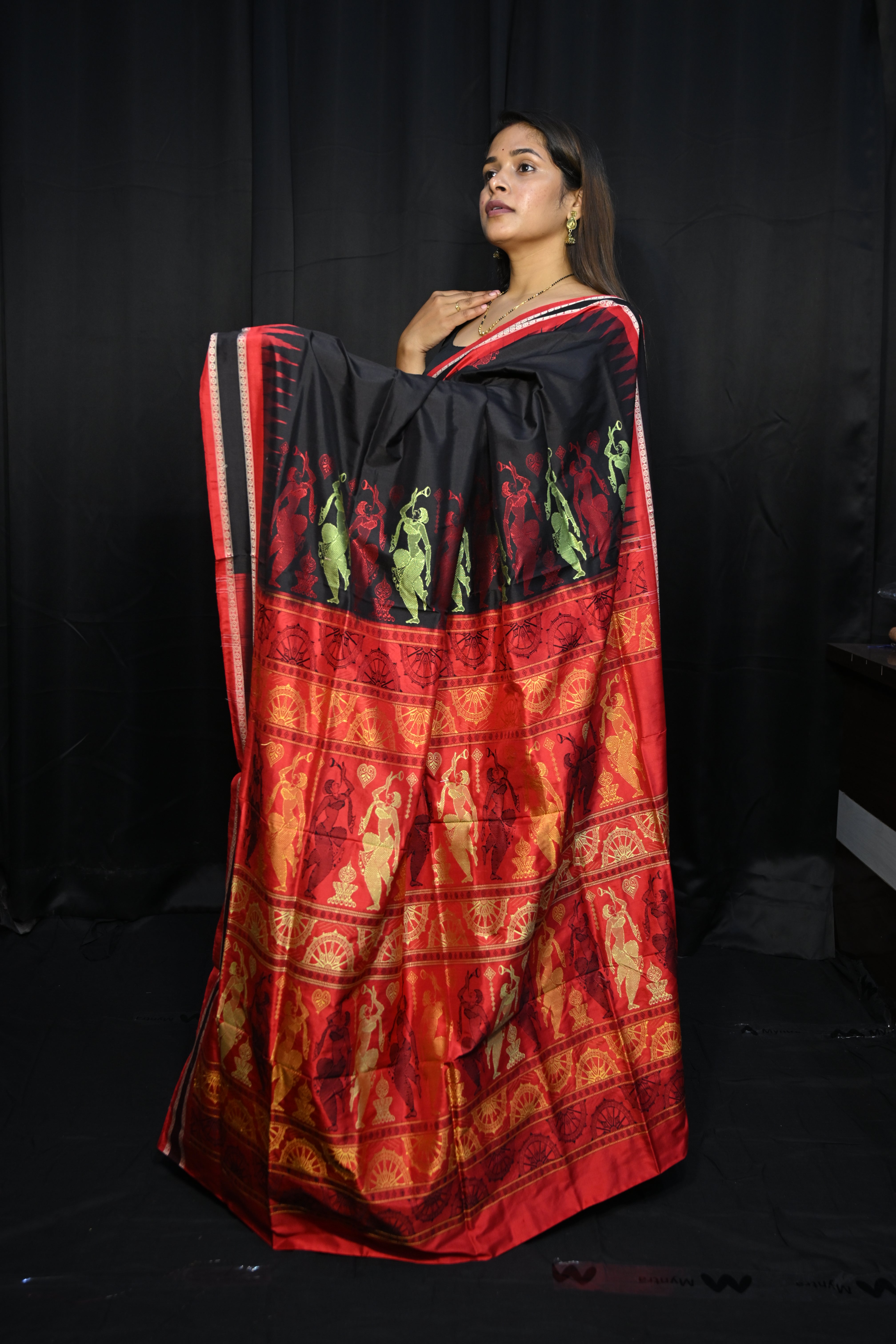 Black Red Natraj Exclusive Bomkai Silk Saree