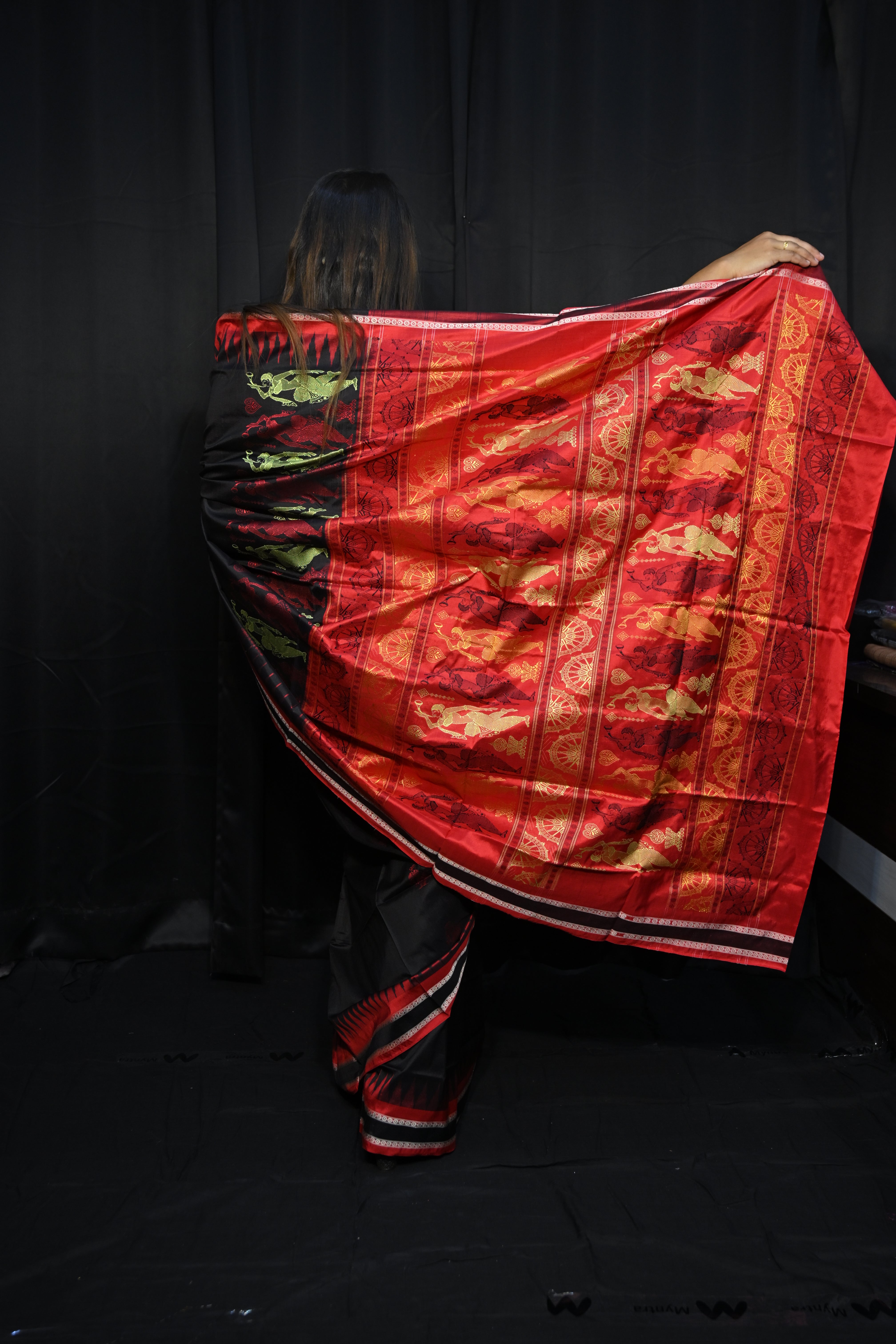 Black Red Natraj Exclusive Bomkai Silk Saree