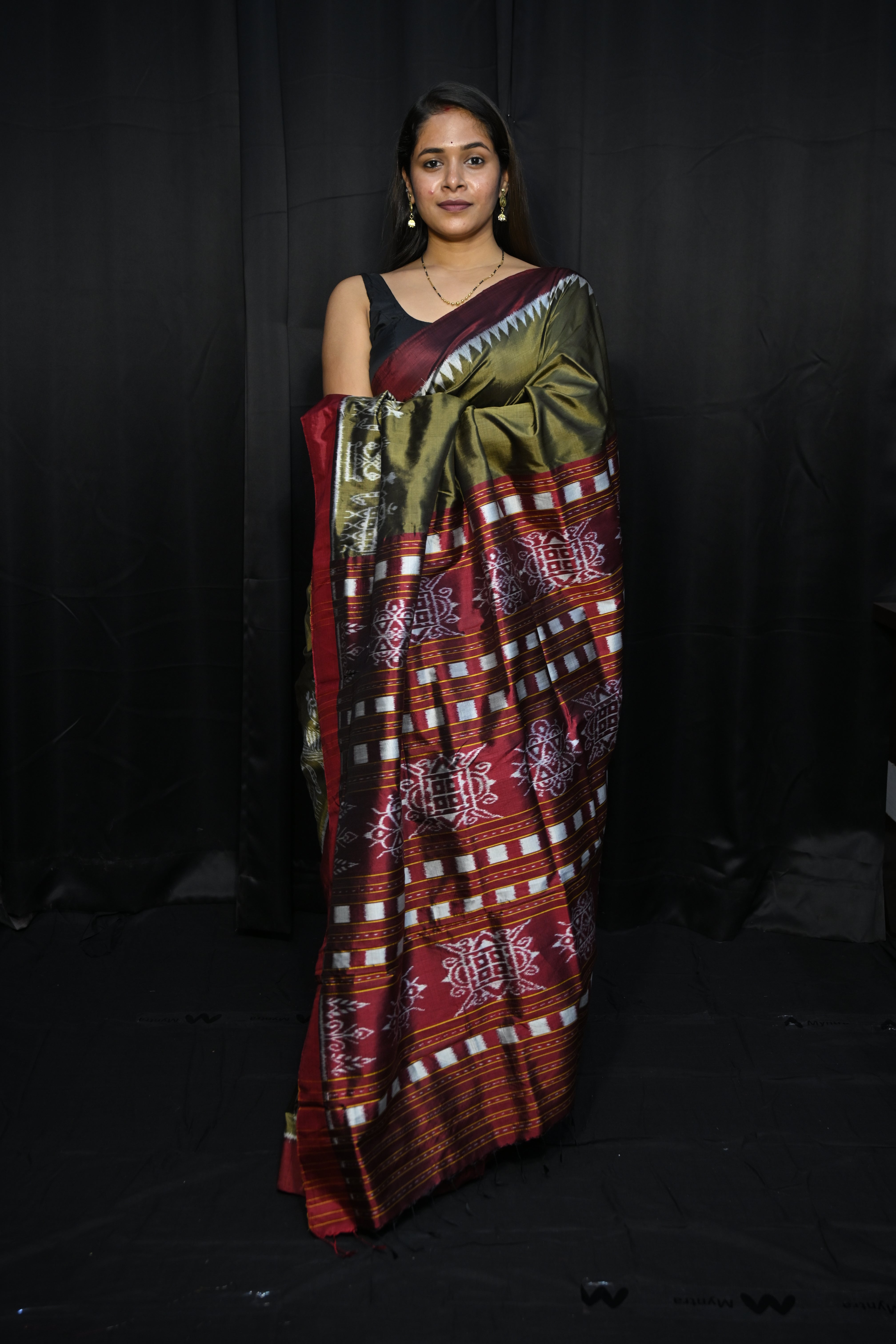 Olive Green Maroon Scot Elephant Design Mulberry Silk Saree