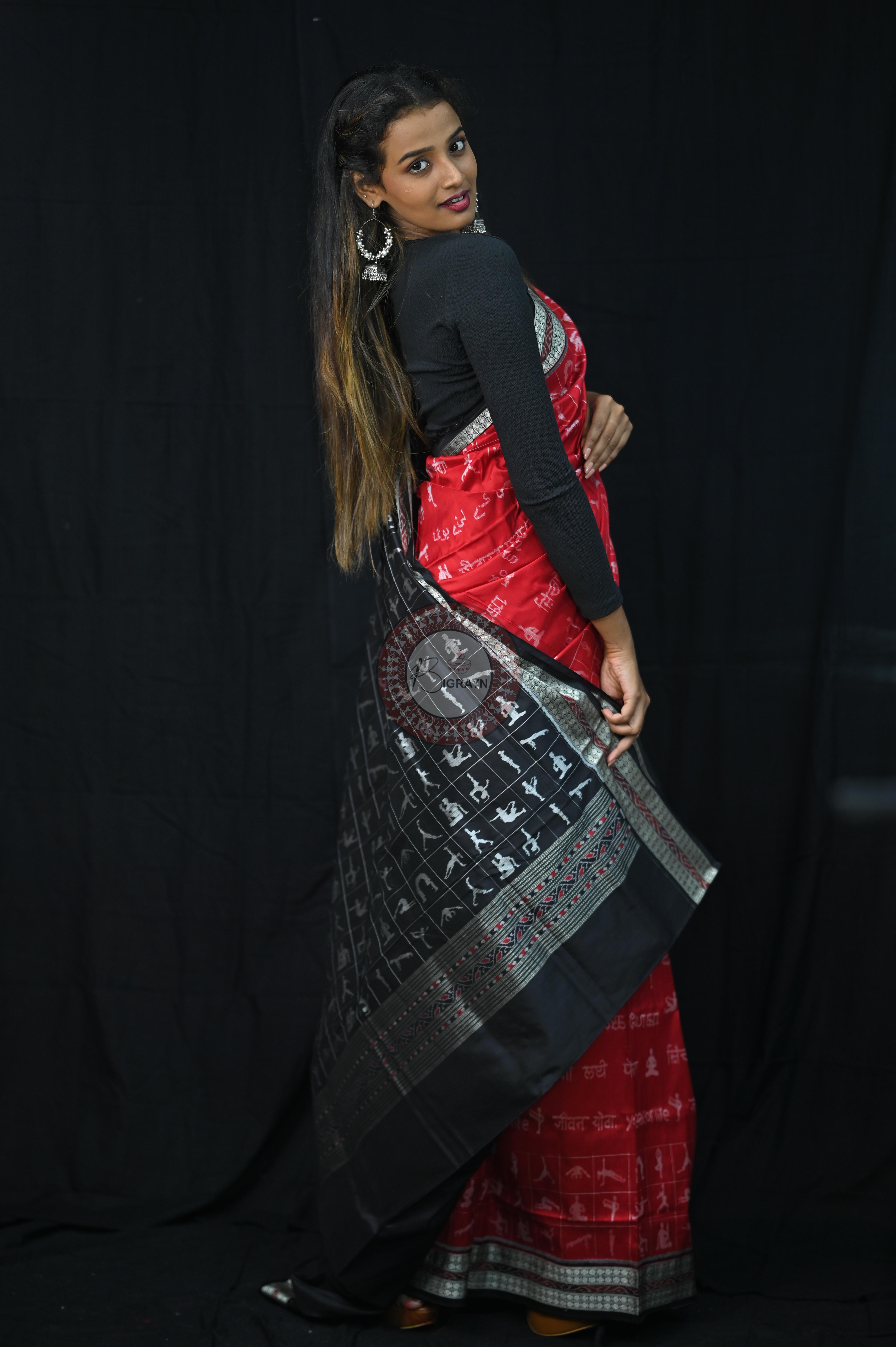 Red Black Exclusive Yoga Special Sambalpuri Silk Saree