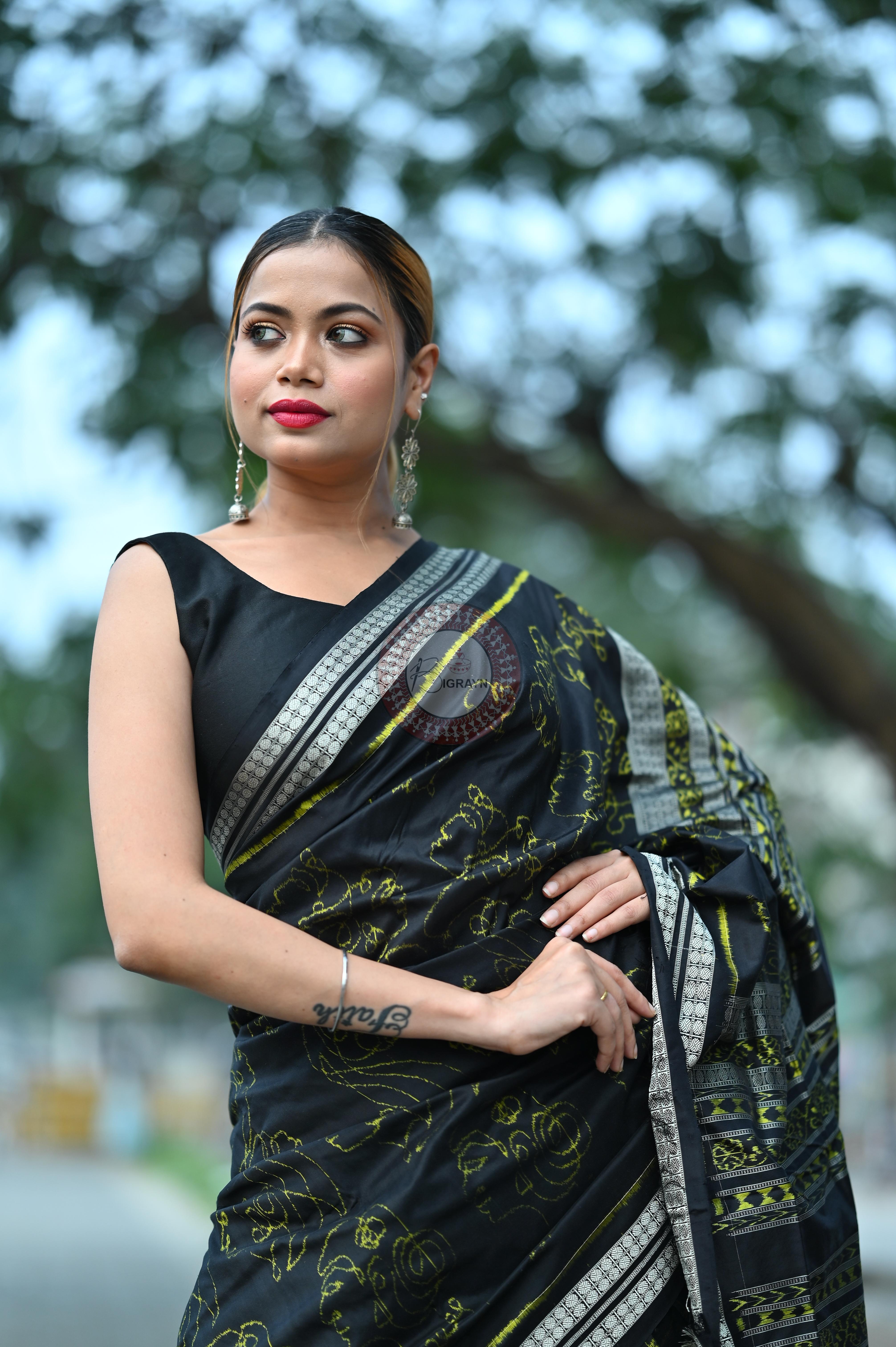 Black Neon Women Heads Sambalpuri Silk Saree