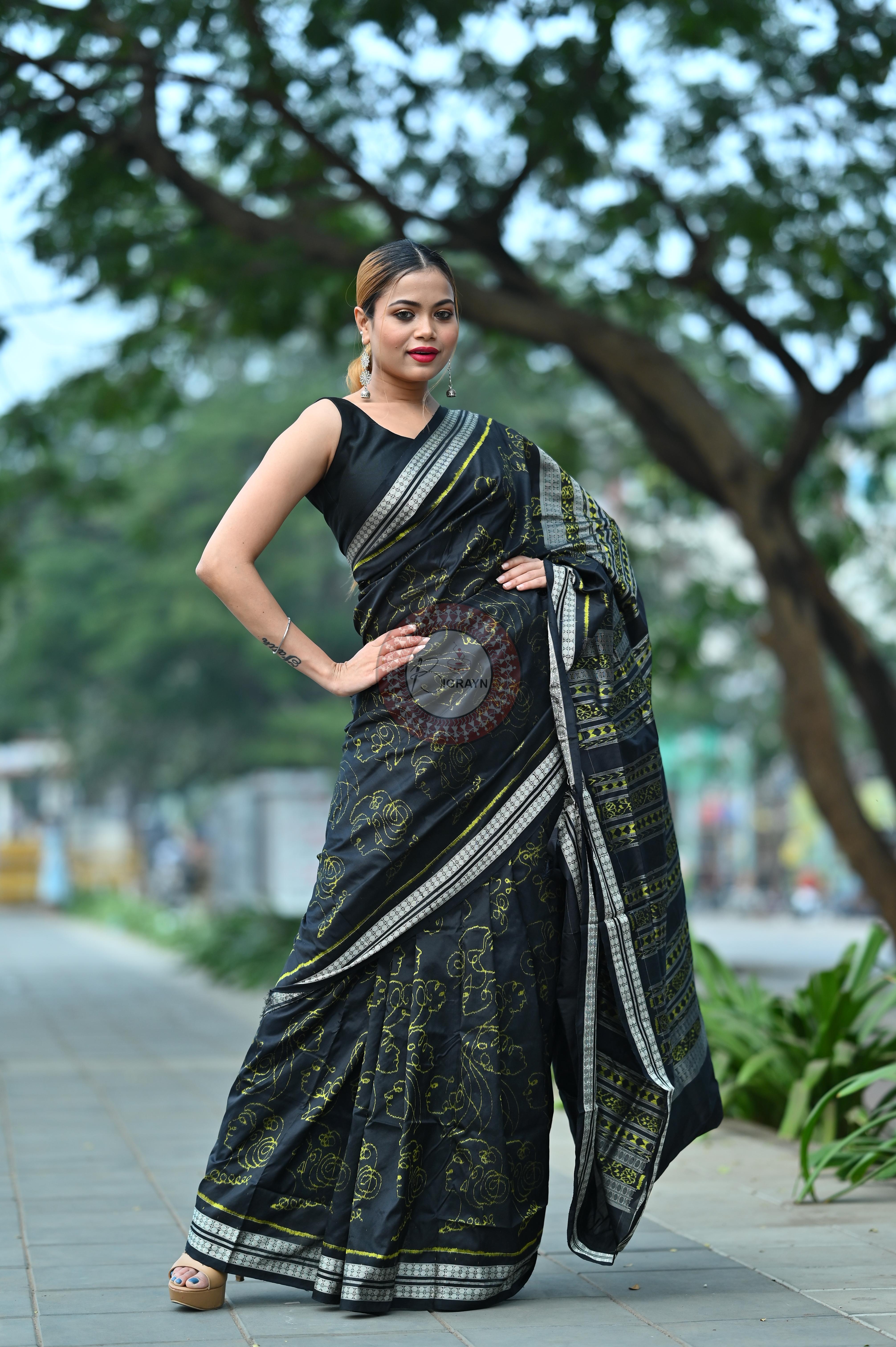 Black Neon Women Heads Sambalpuri Silk Saree