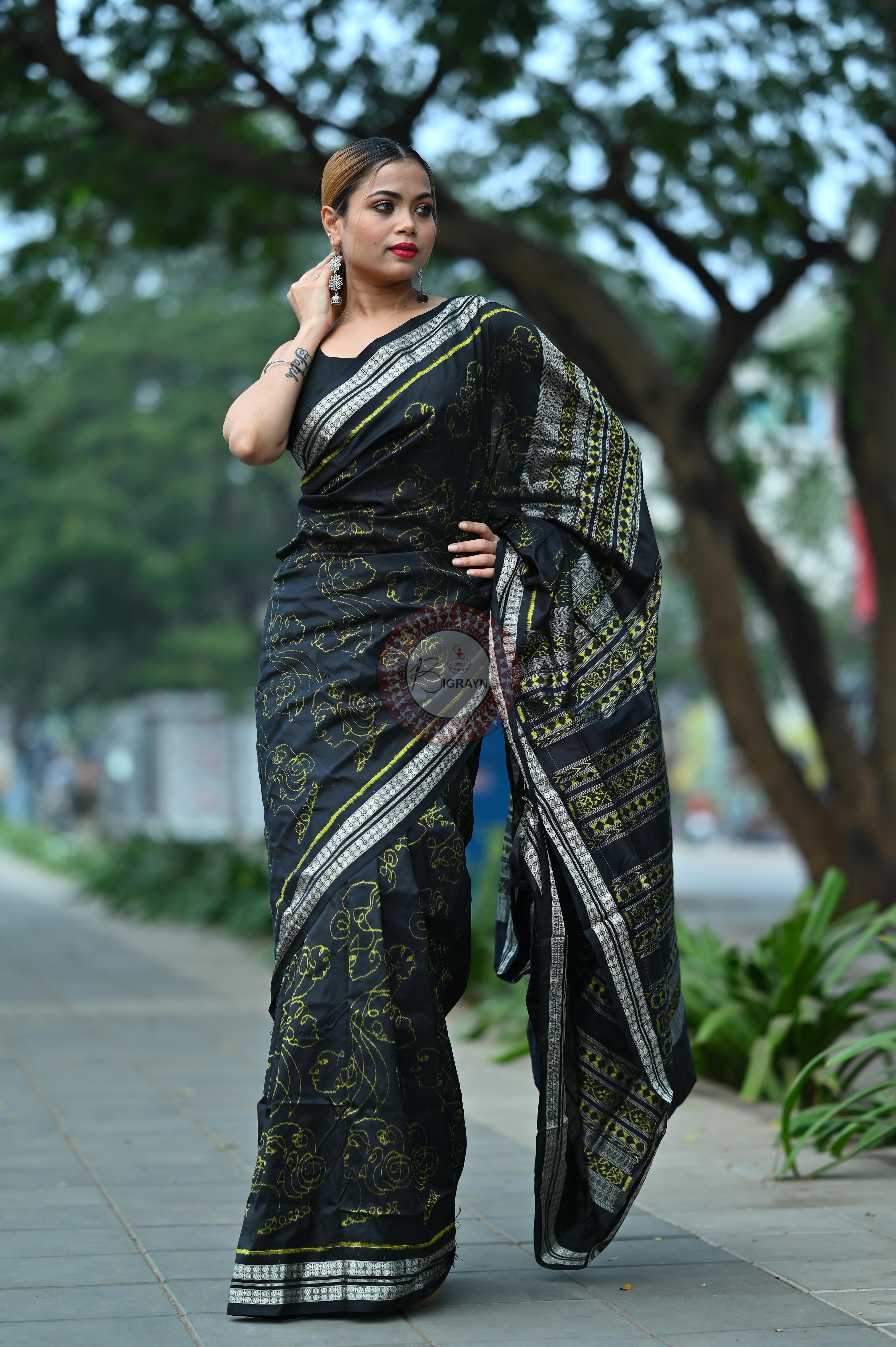 Black Neon Women Heads Sambalpuri Silk Saree