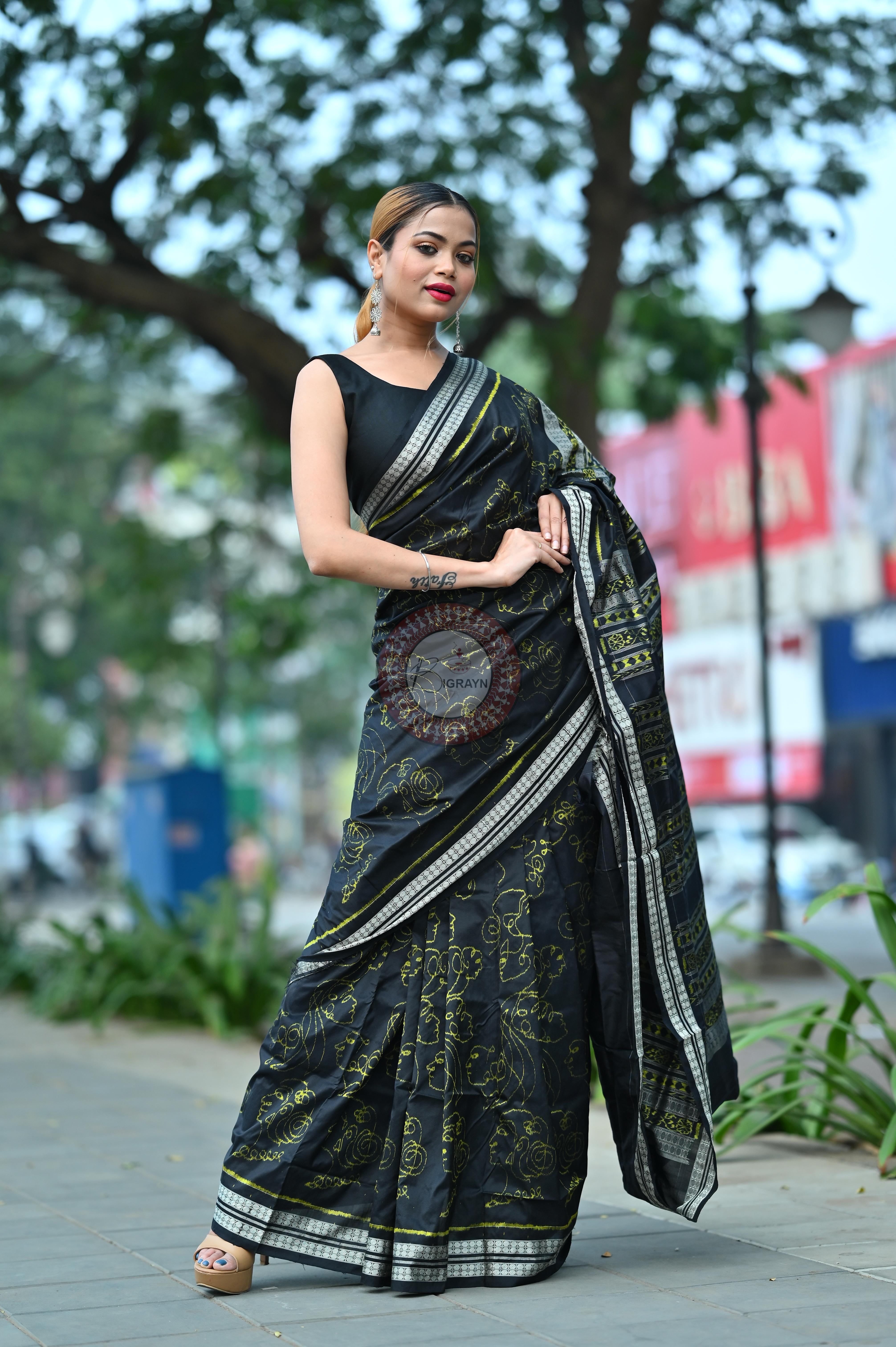 Black Neon Women Heads Sambalpuri Silk Saree