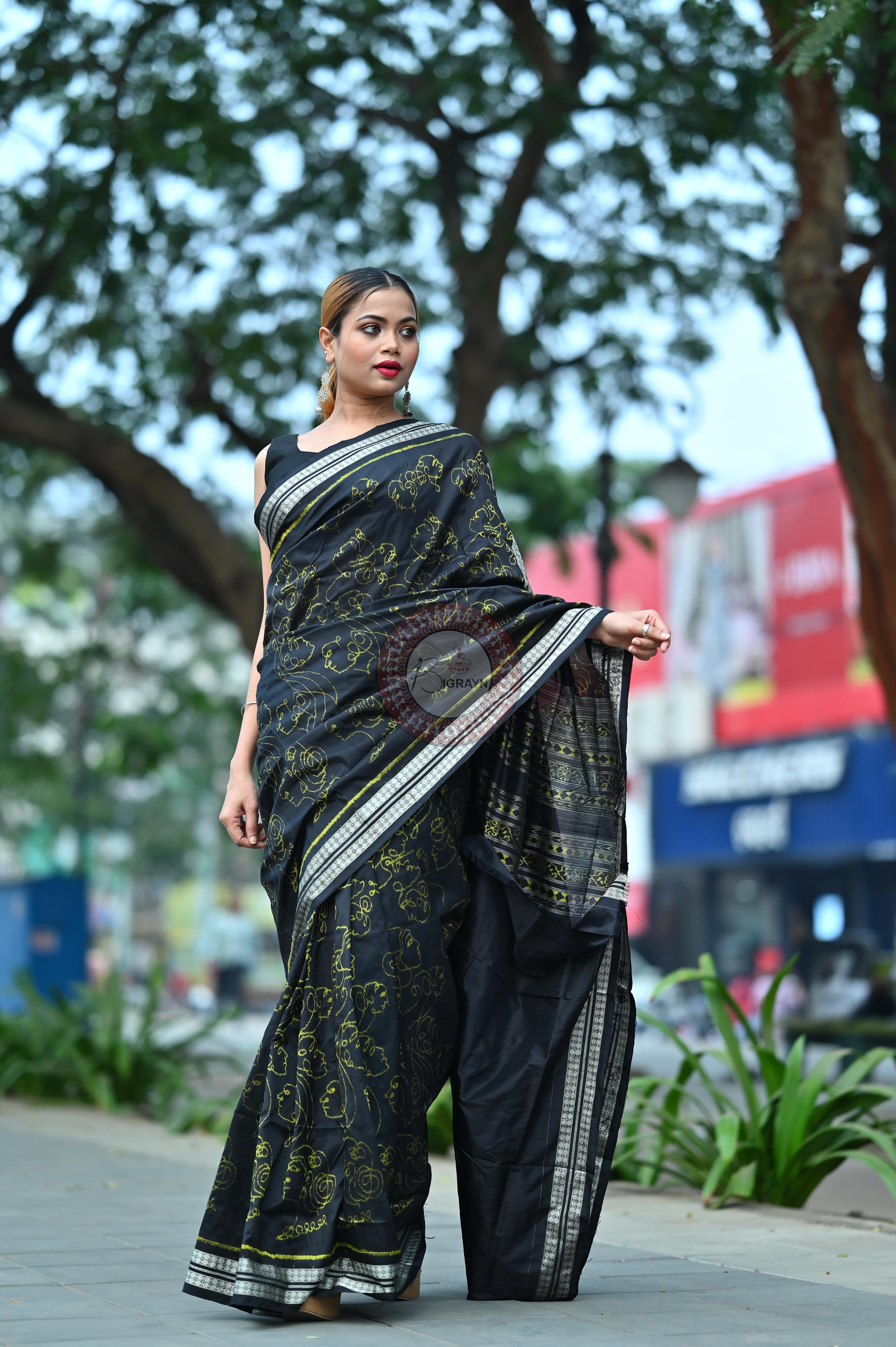 Black Neon Women Heads Sambalpuri Silk Saree