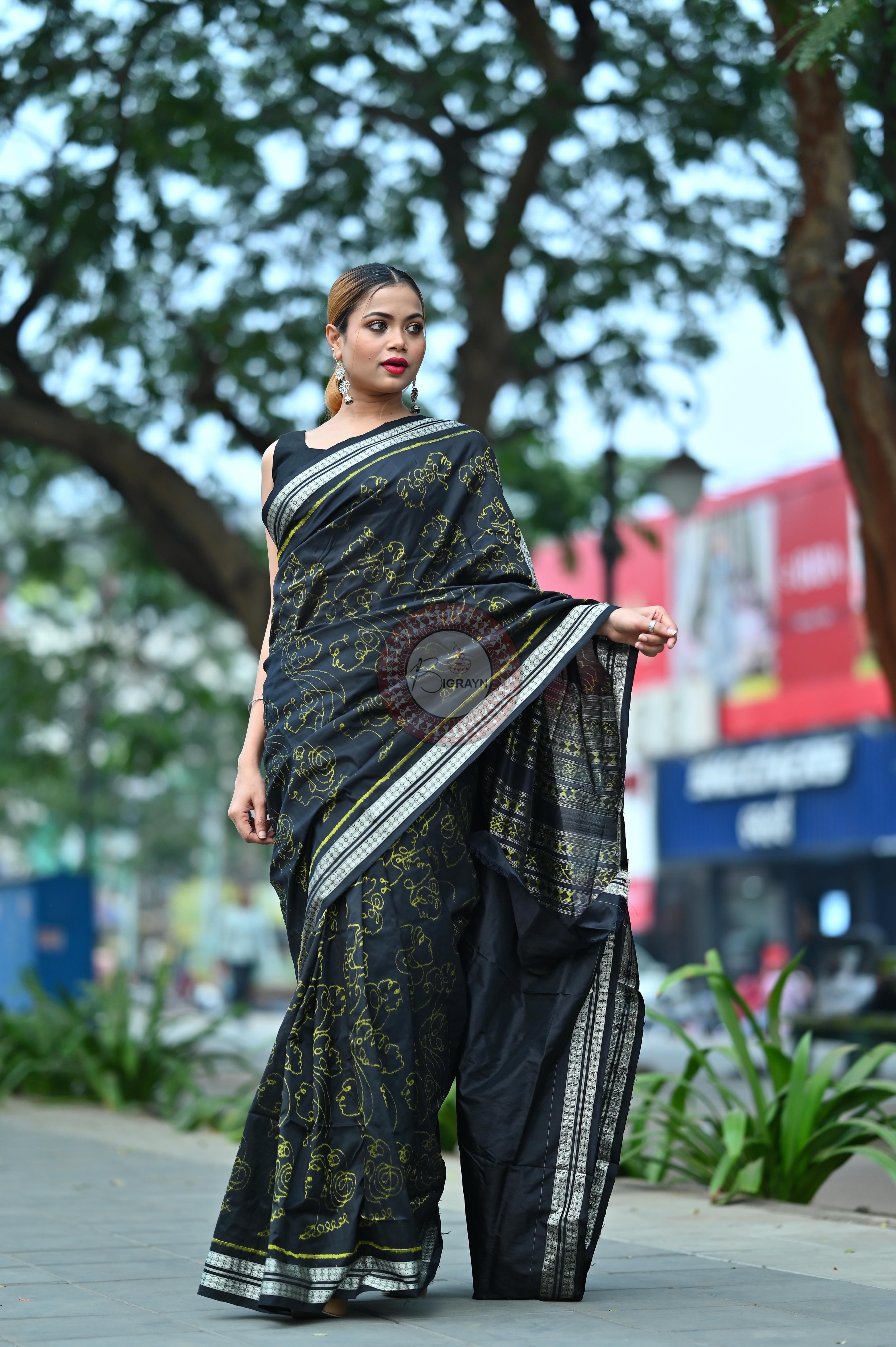 Black Neon Women Heads Sambalpuri Silk Saree