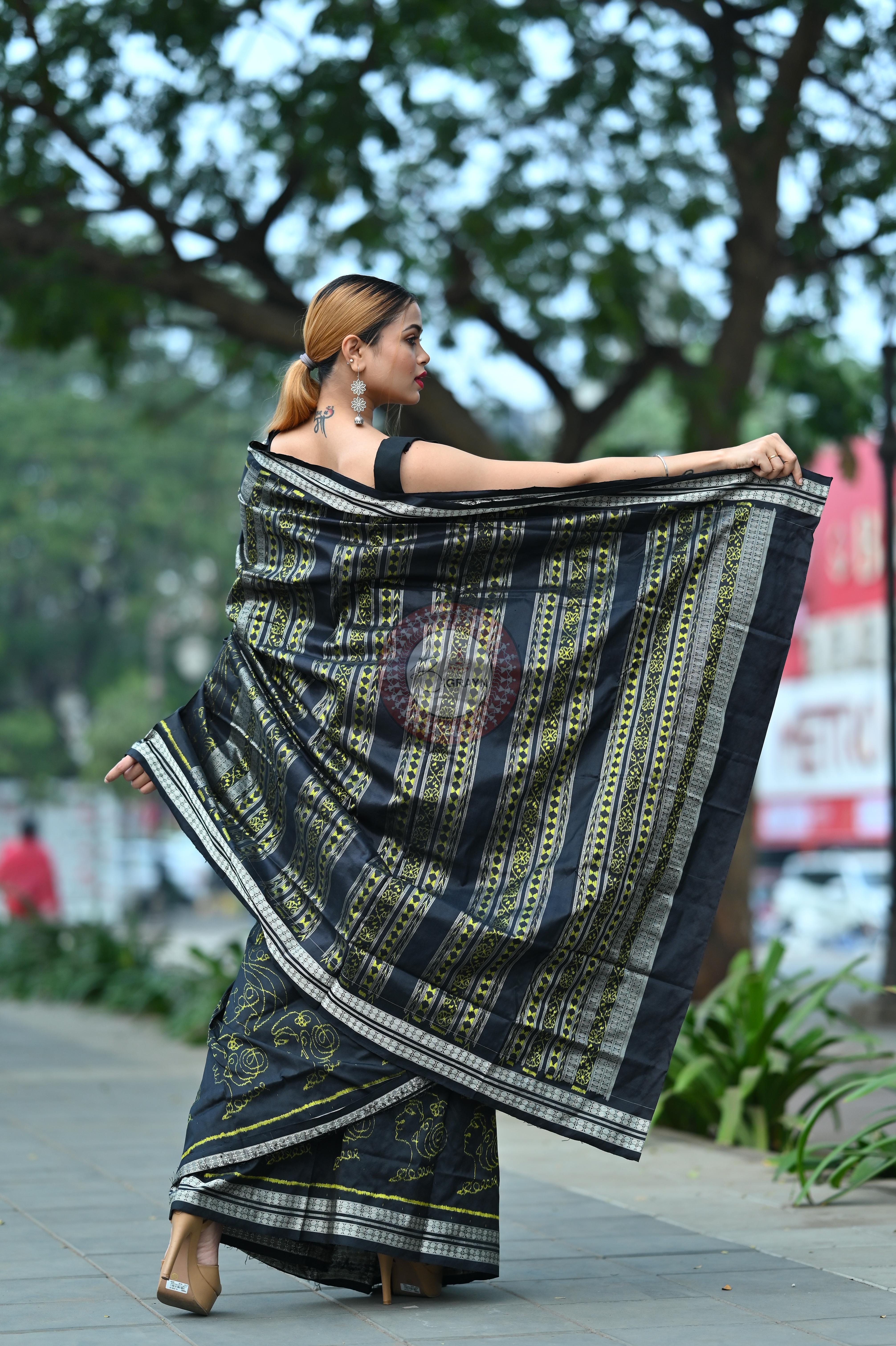 Black Neon Women Heads Sambalpuri Silk Saree