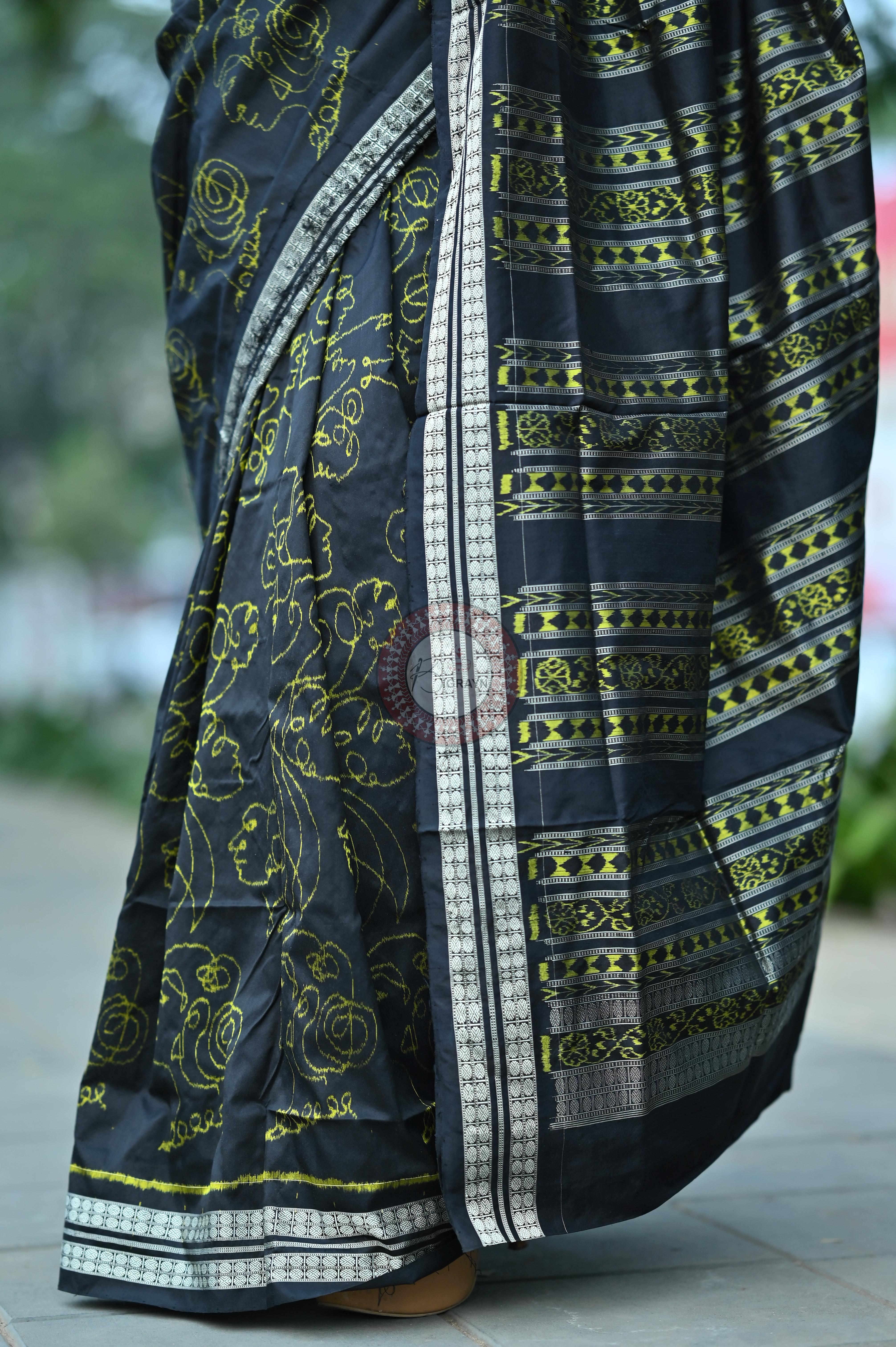 Black Neon Women Heads Sambalpuri Silk Saree