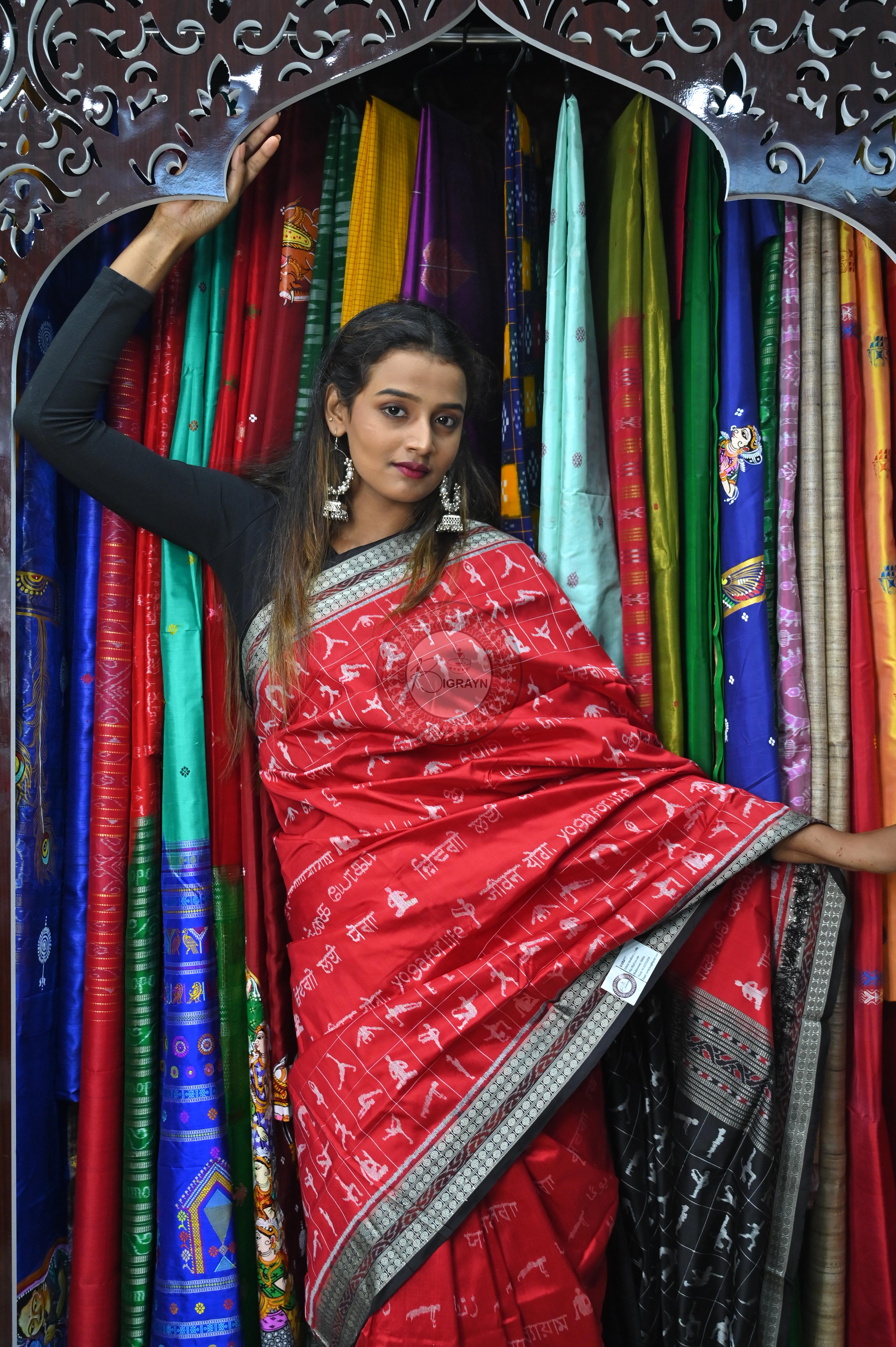 Red Black Exclusive Yoga Special Sambalpuri Silk Saree