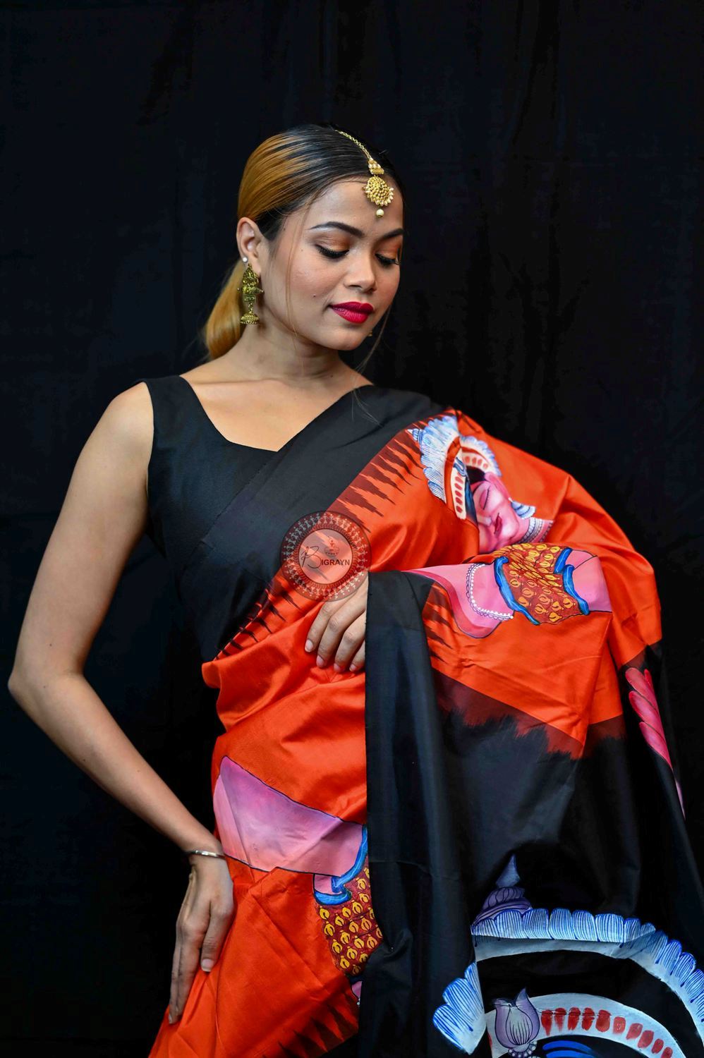 Orange Black Odisha Theme Pattachitra Silk Saree