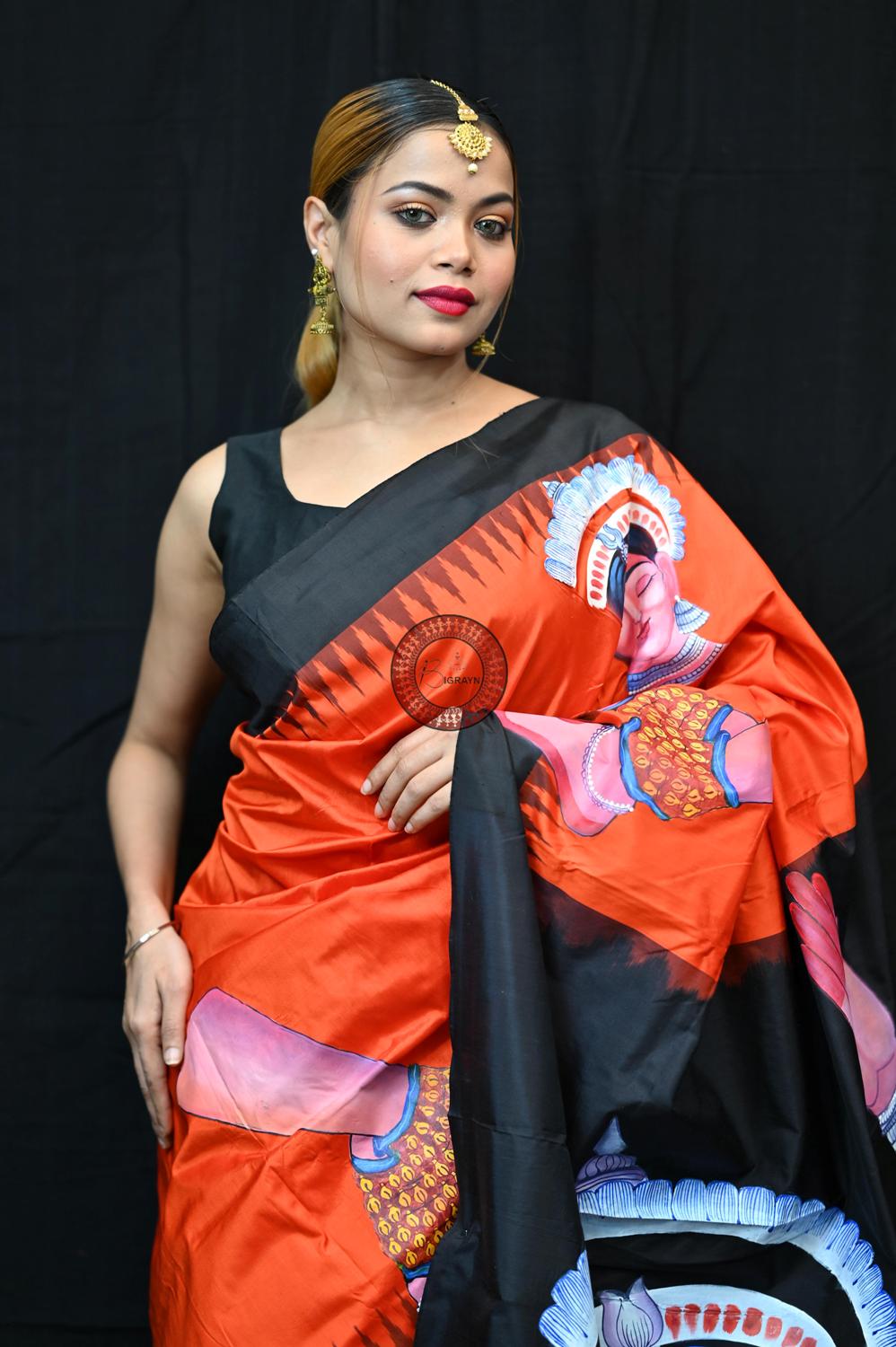 Orange Black Odisha Theme Pattachitra Silk Saree