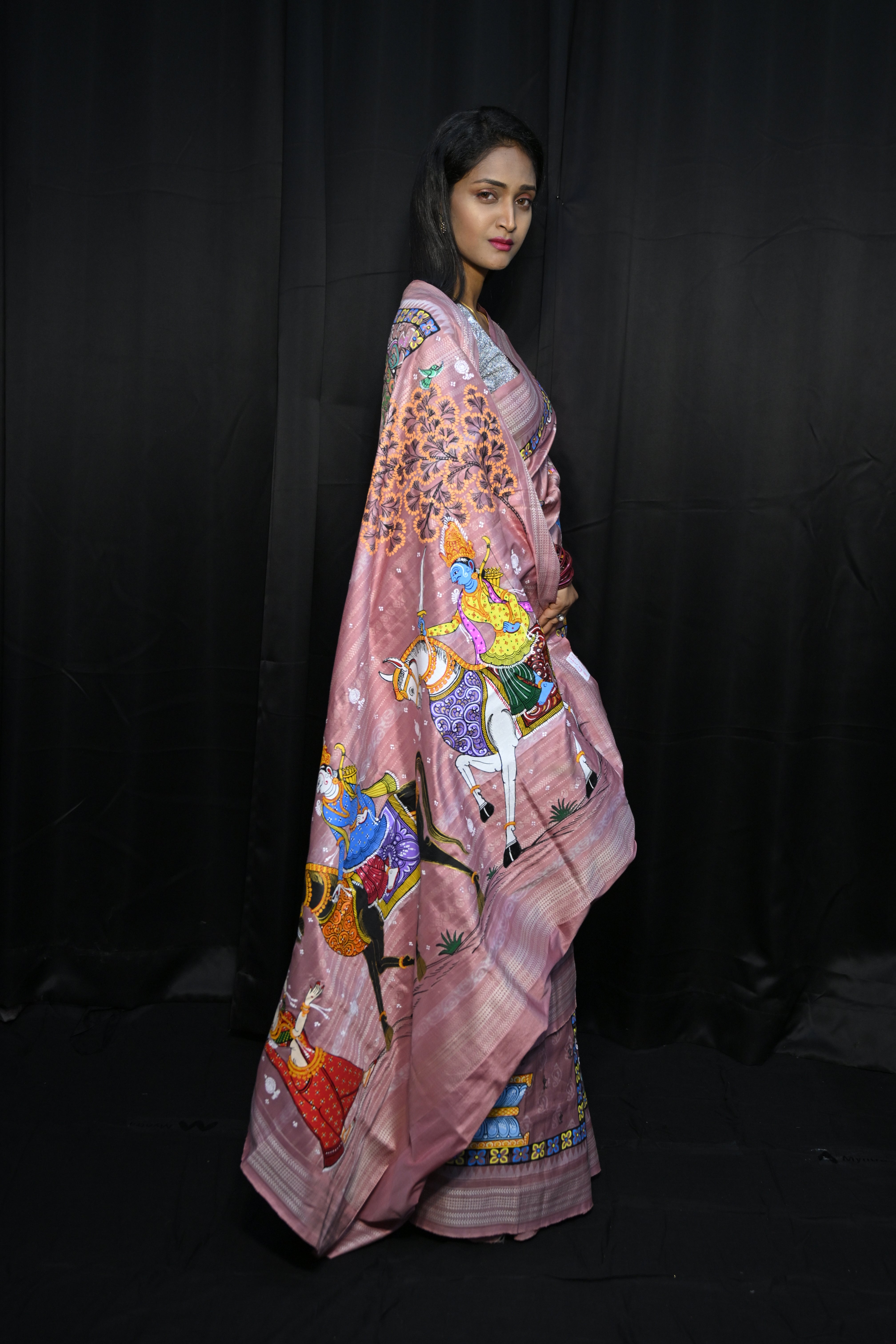Pink Big Box Boita Theme Pattachitra Sambalpuri Natural Dye Silk Saree