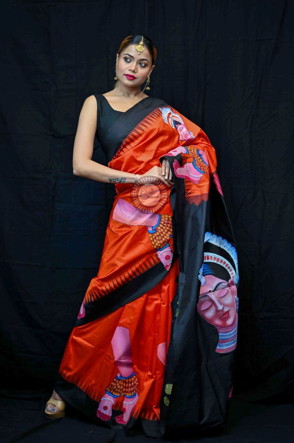 Orange Black Odisha Theme Pattachitra Silk Saree