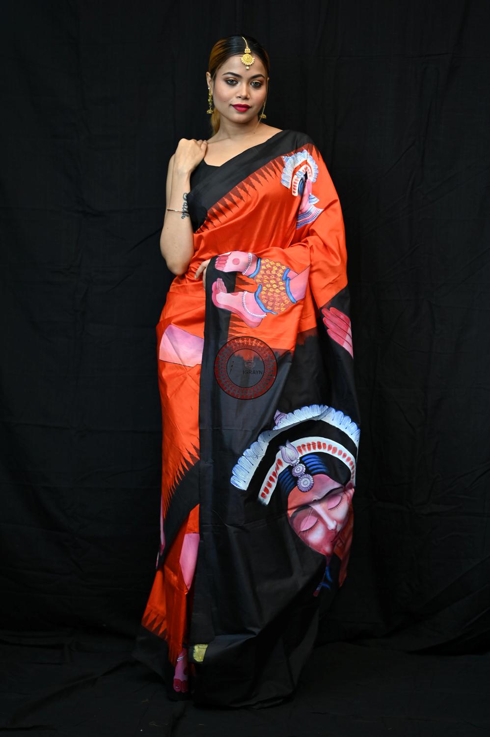 Orange Black Odisha Theme Pattachitra Silk Saree