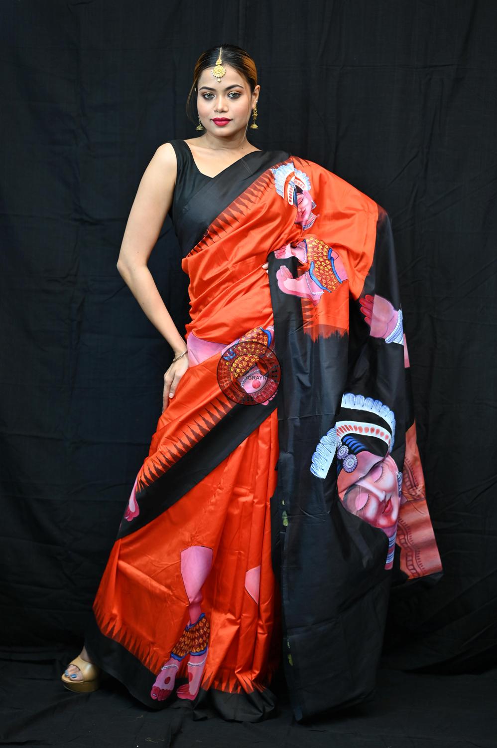 Orange Black Odisha Theme Pattachitra Silk Saree