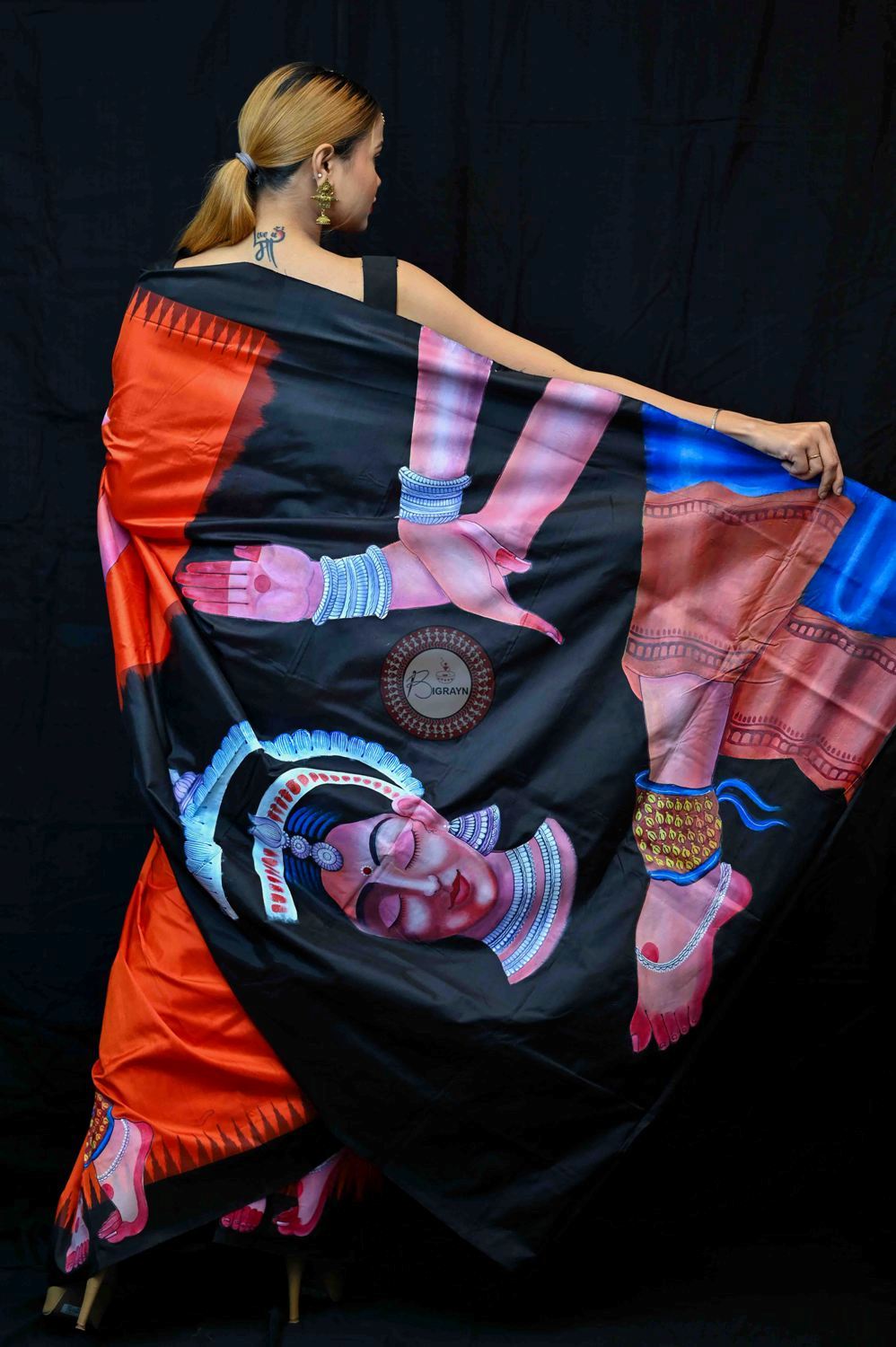 Orange Black Odisha Theme Pattachitra Silk Saree