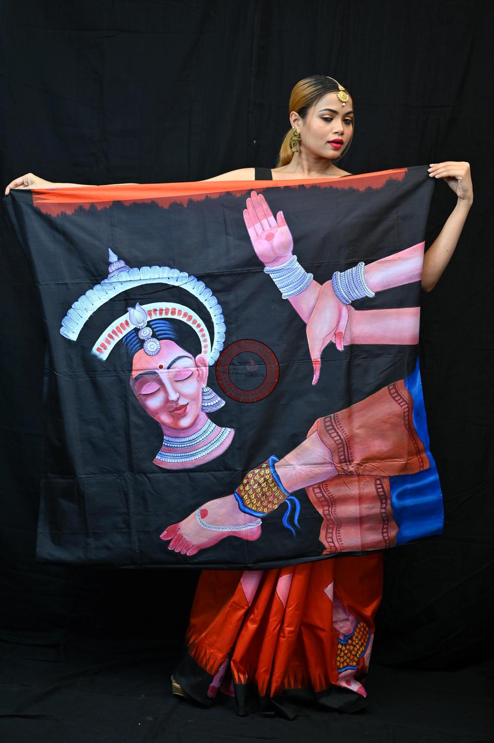 Orange Black Odisha Theme Pattachitra Silk Saree