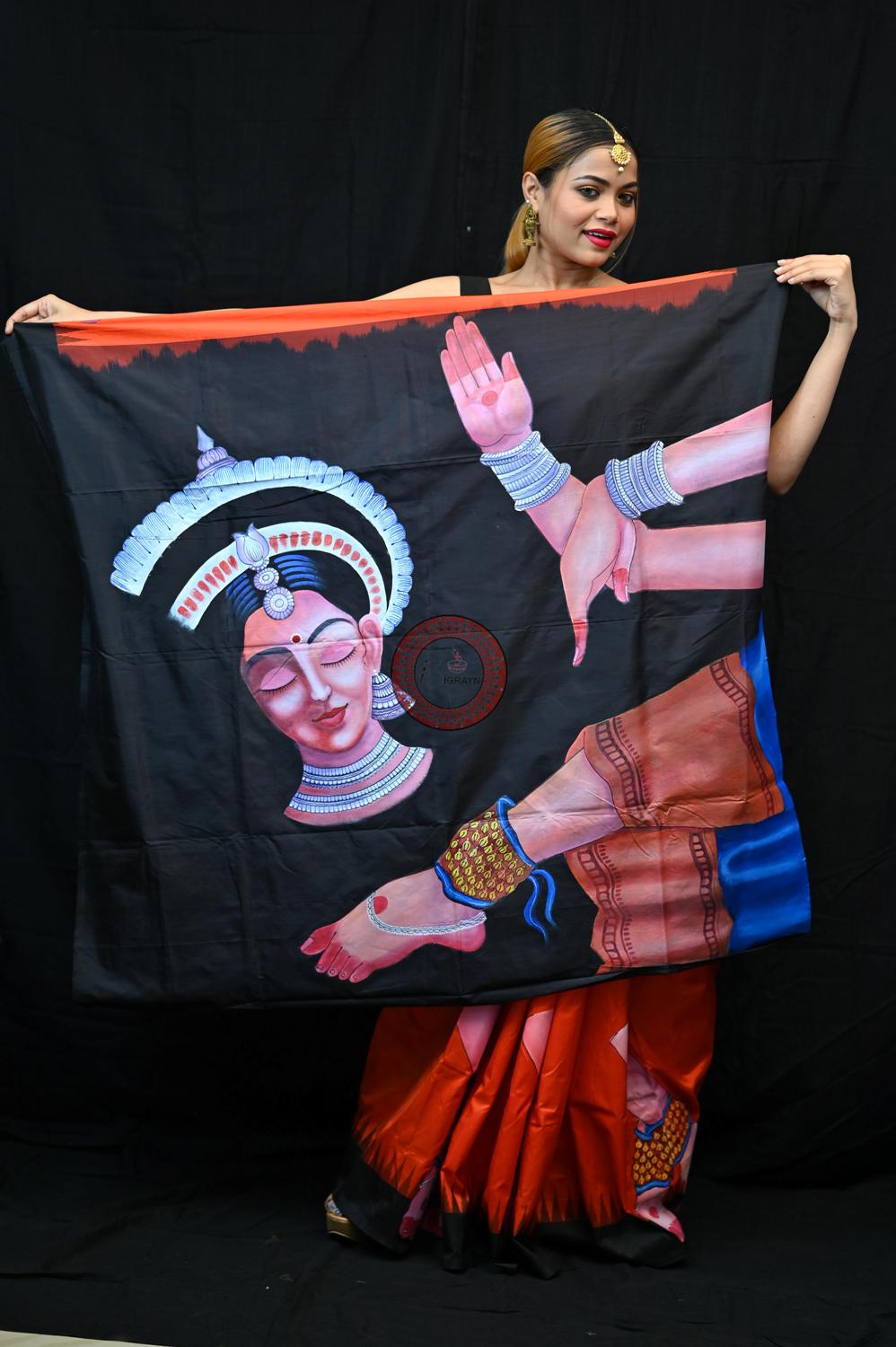 Orange Black Odisha Theme Pattachitra Silk Saree
