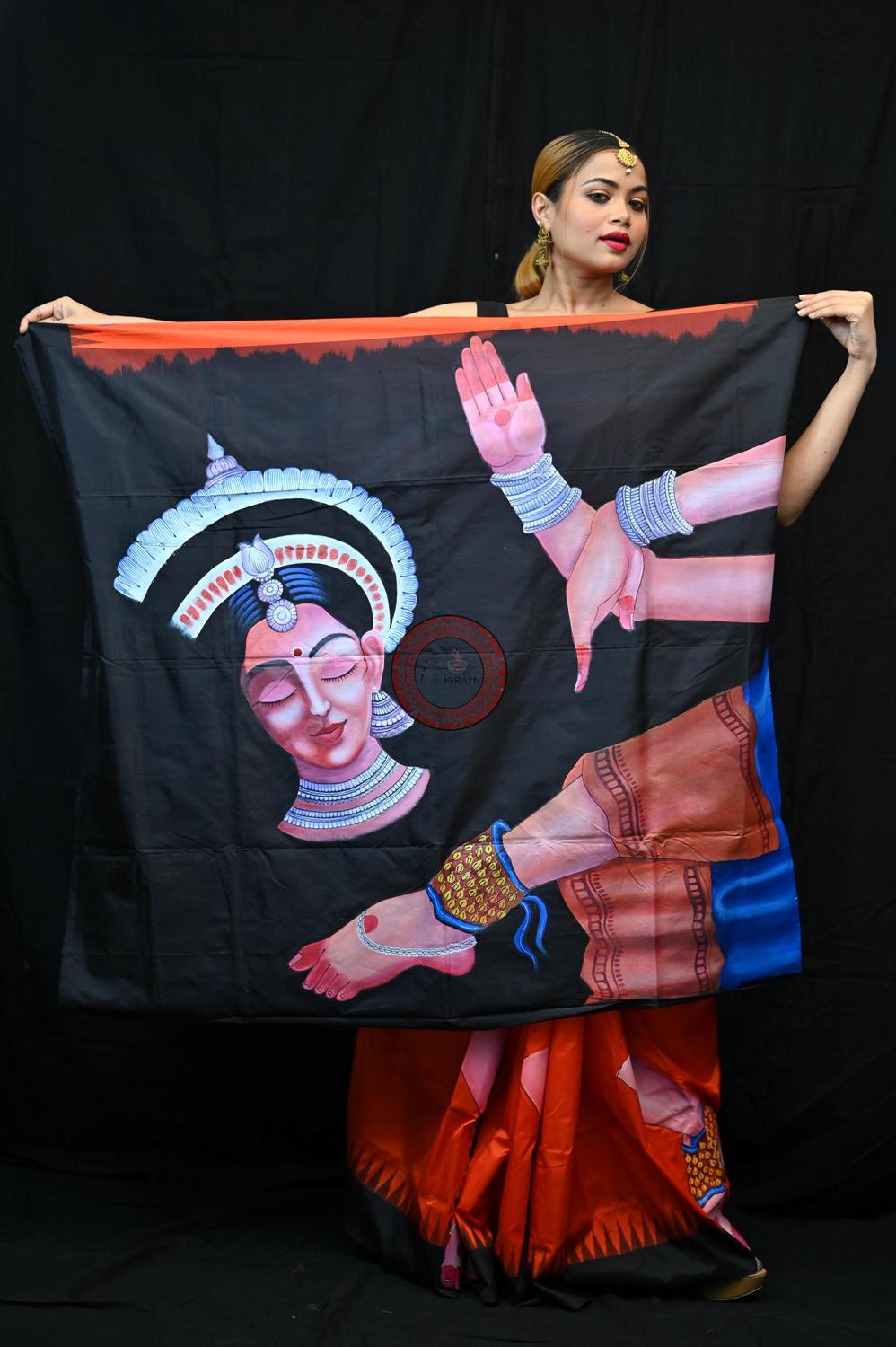 Orange Black Odisha Theme Pattachitra Silk Saree