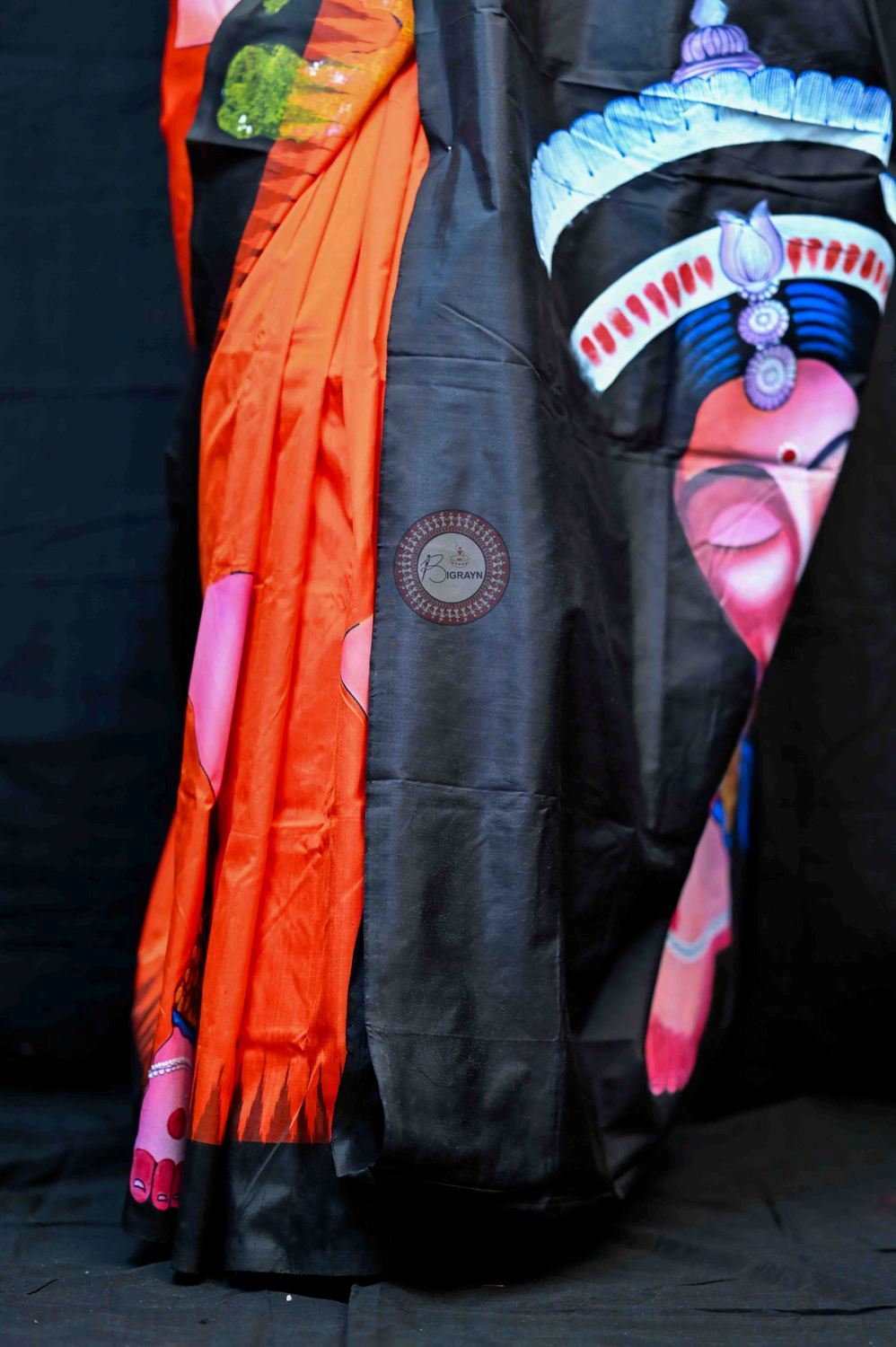 Orange Black Odisha Theme Pattachitra Silk Saree