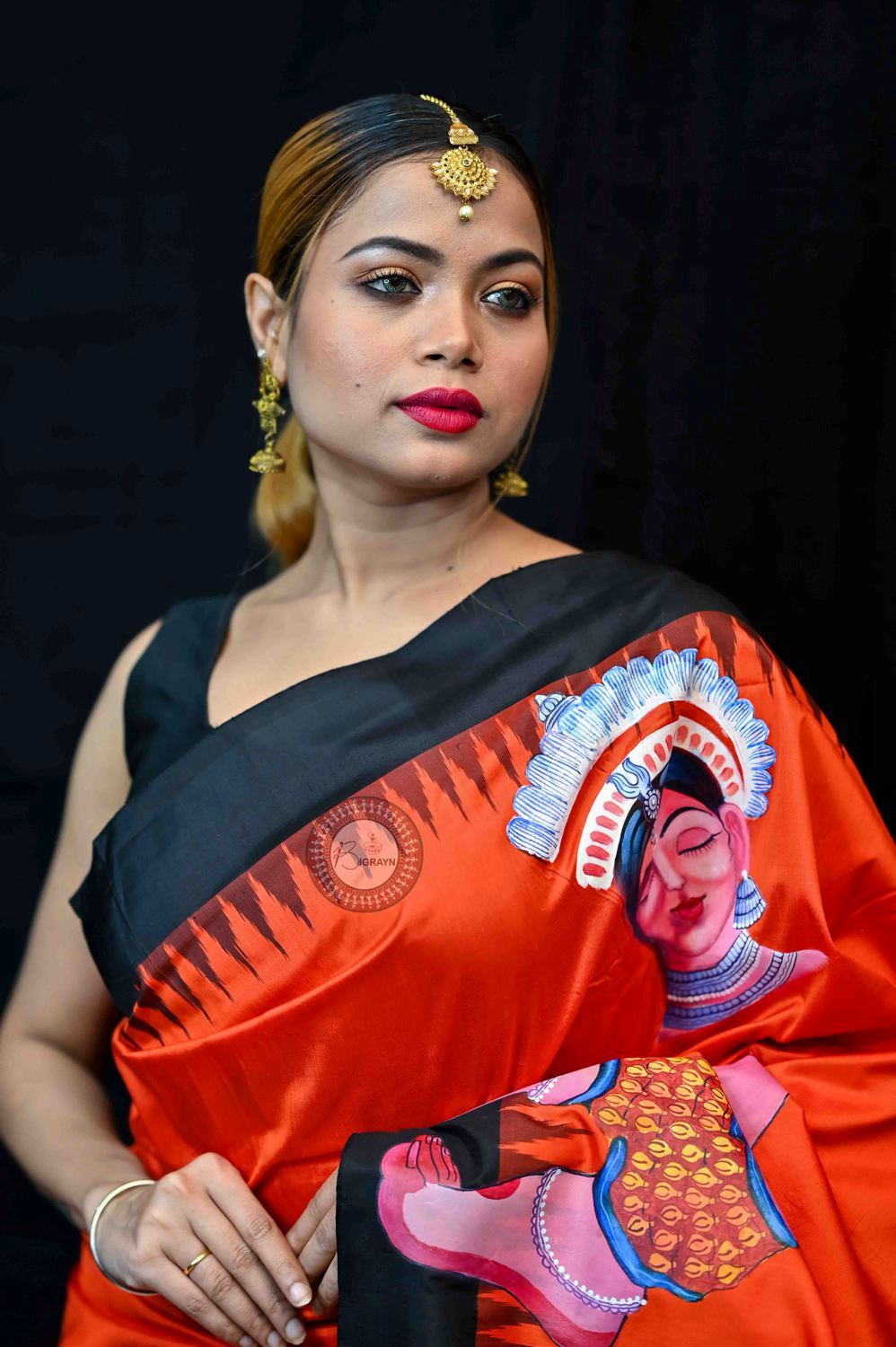 Orange Black Odisha Theme Pattachitra Silk Saree