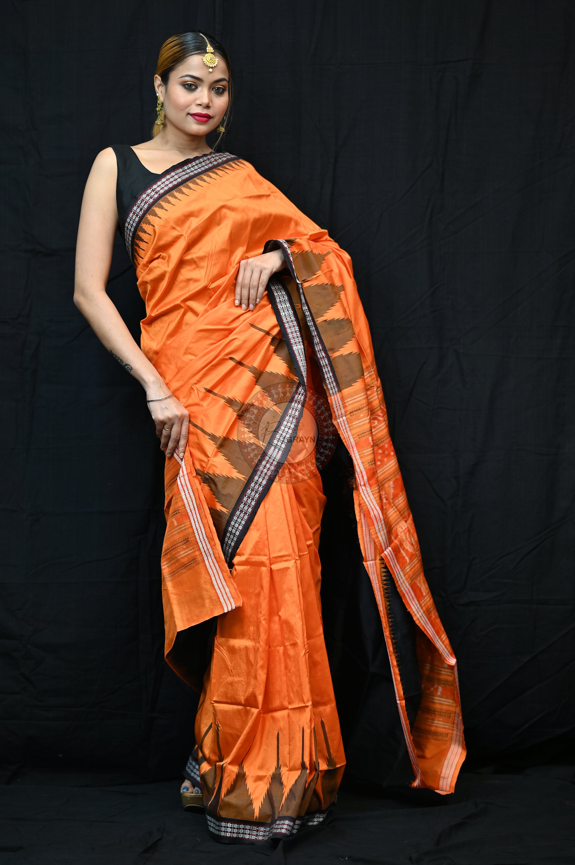 Orange Black Phoda Kumbha Sambalpuri Silk Saree